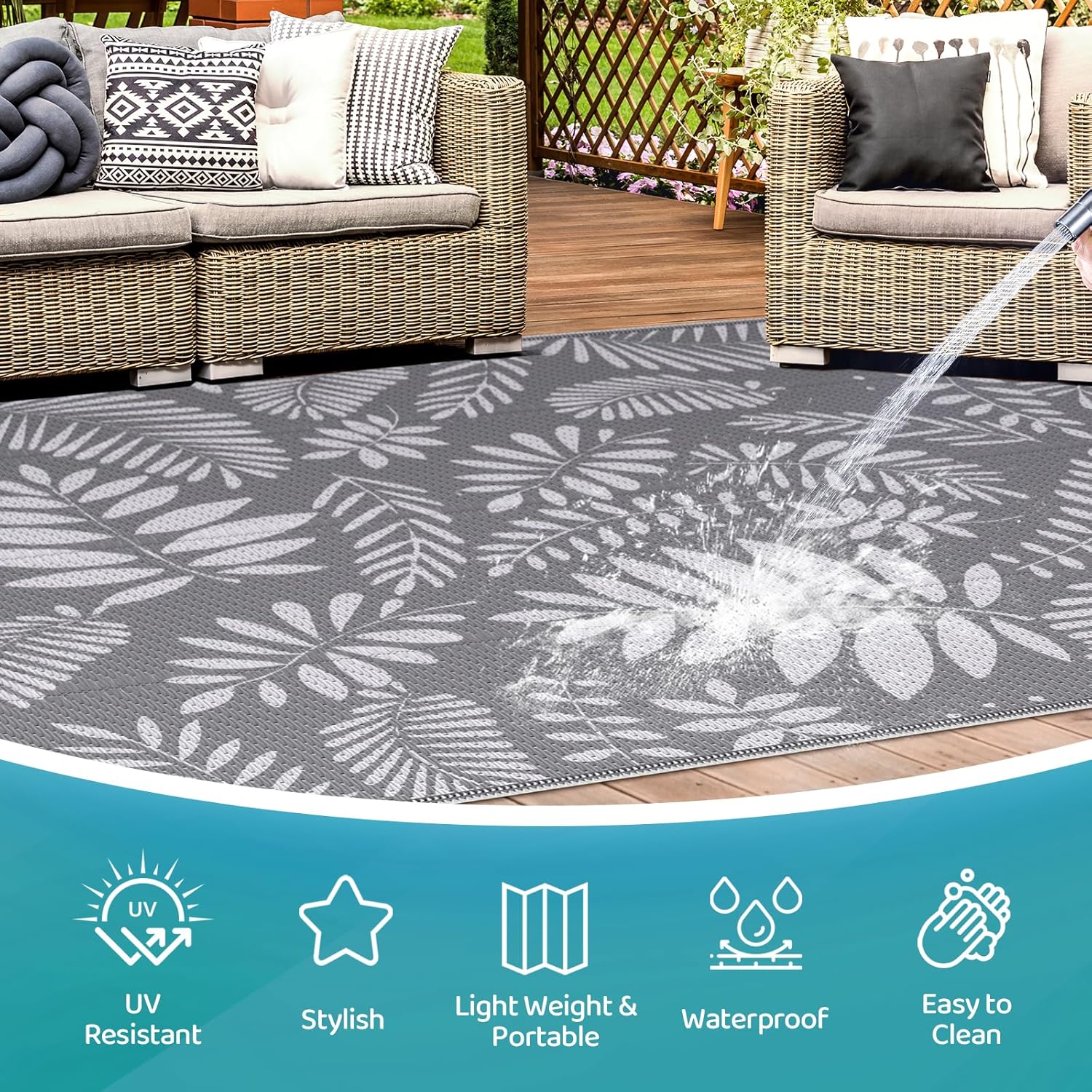 StepRite Outdoor Rug, Patio Rug, Plastic Straw Camping Rugs, Large Waterproof Area Rug and Mat for Outdoors, RV, Patio, Backyard, Deck, Porch, Beach, Balcony, (6'x 9', White&Gray)