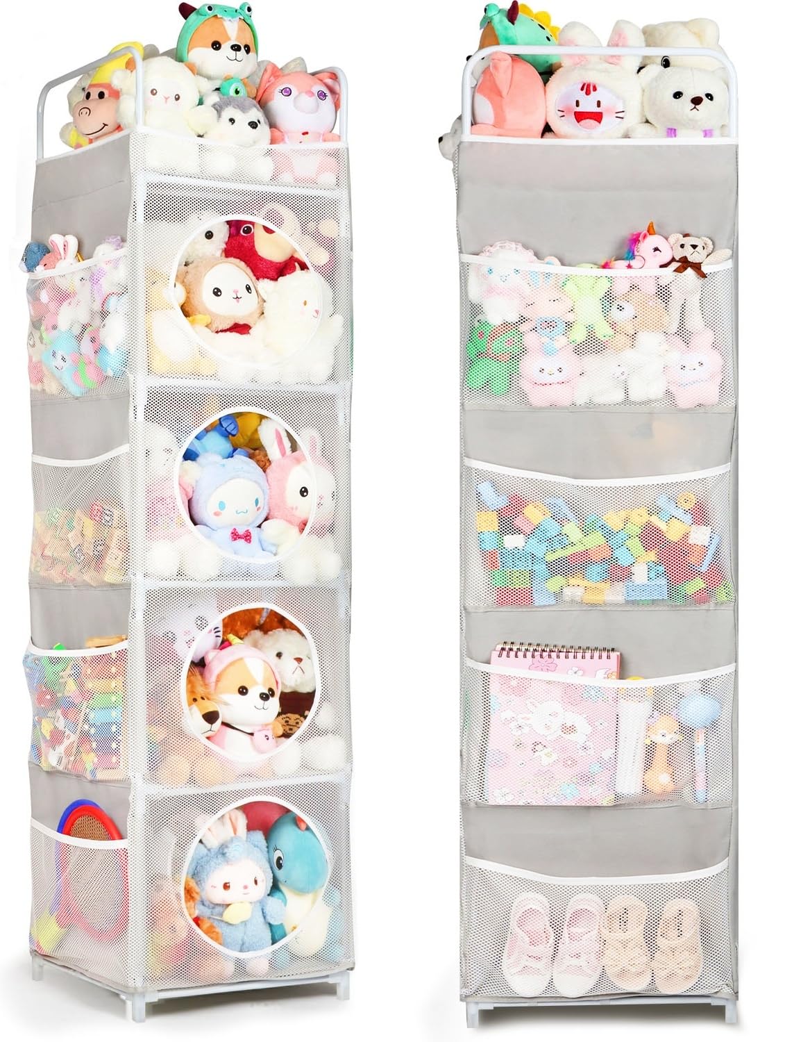 Toy Storage, 42x42x162cm Teddy Storage, 5-Tier & 8 Side Pockets Toy Box, Kids Storage Unit for Bedroom & Playroom, Grey