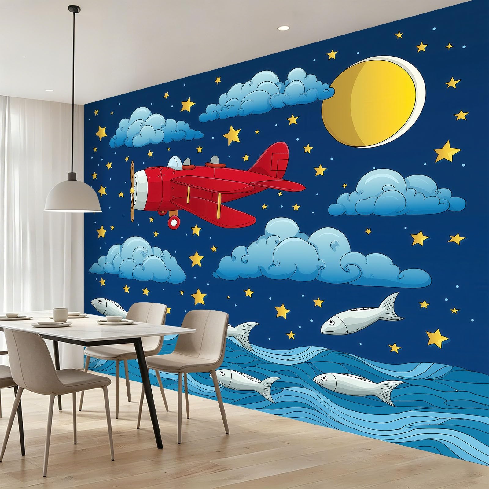 Fototapeta z włókniny, pojazdy, 400 x 280 cm, fantazyjna kreskówka, czerwona, dwupłatowa, tapeta do pokoju dziecięcego, pokoju zabaw - tapeta na flizelinie tapeta ścienna, efekt 3D