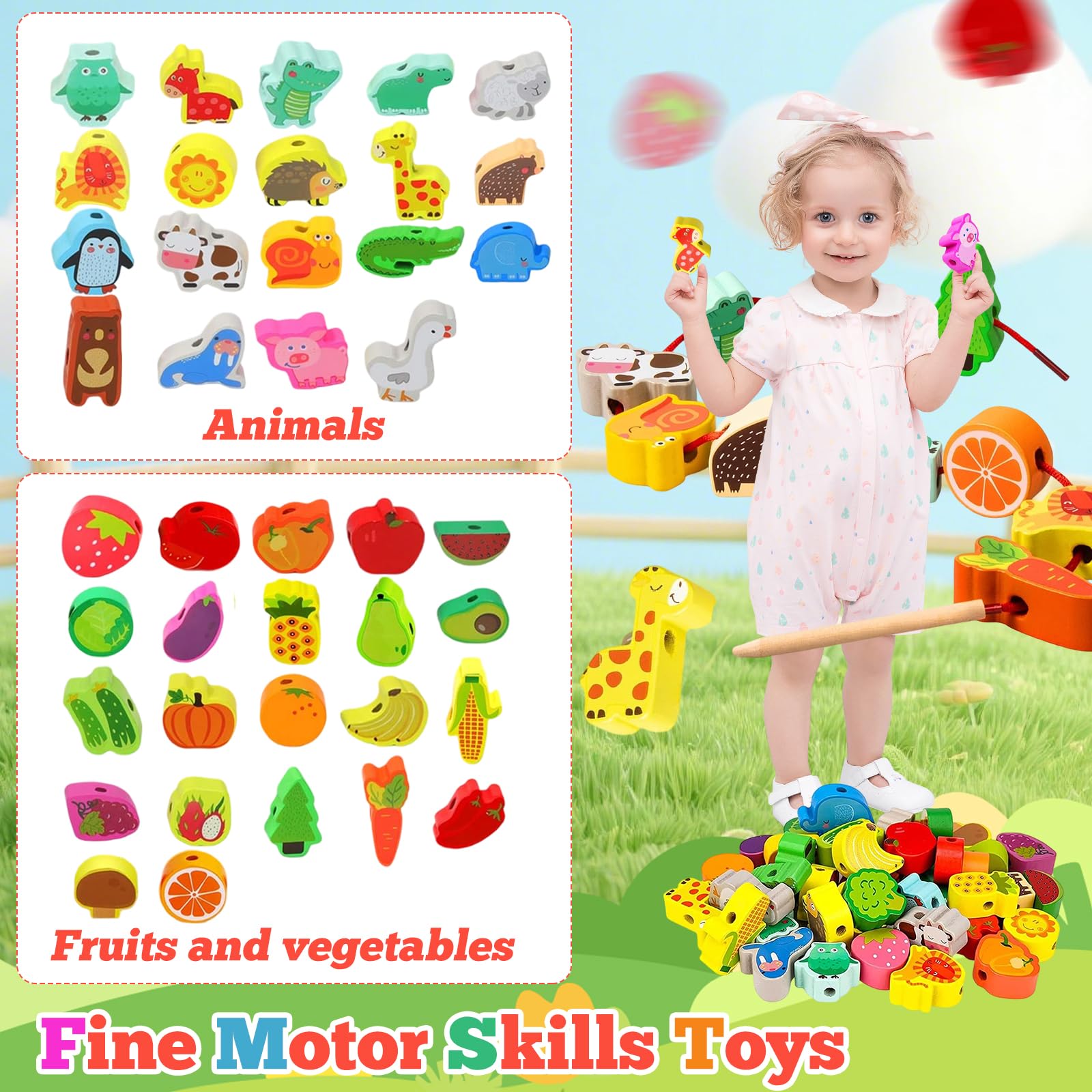 TAGMEIU 42Pcs Toddler Threading Toys, Animals Fruits Vegetables Toddler Threading Beads Wooden Toy, Fine Motor Skills Toys - Image 4