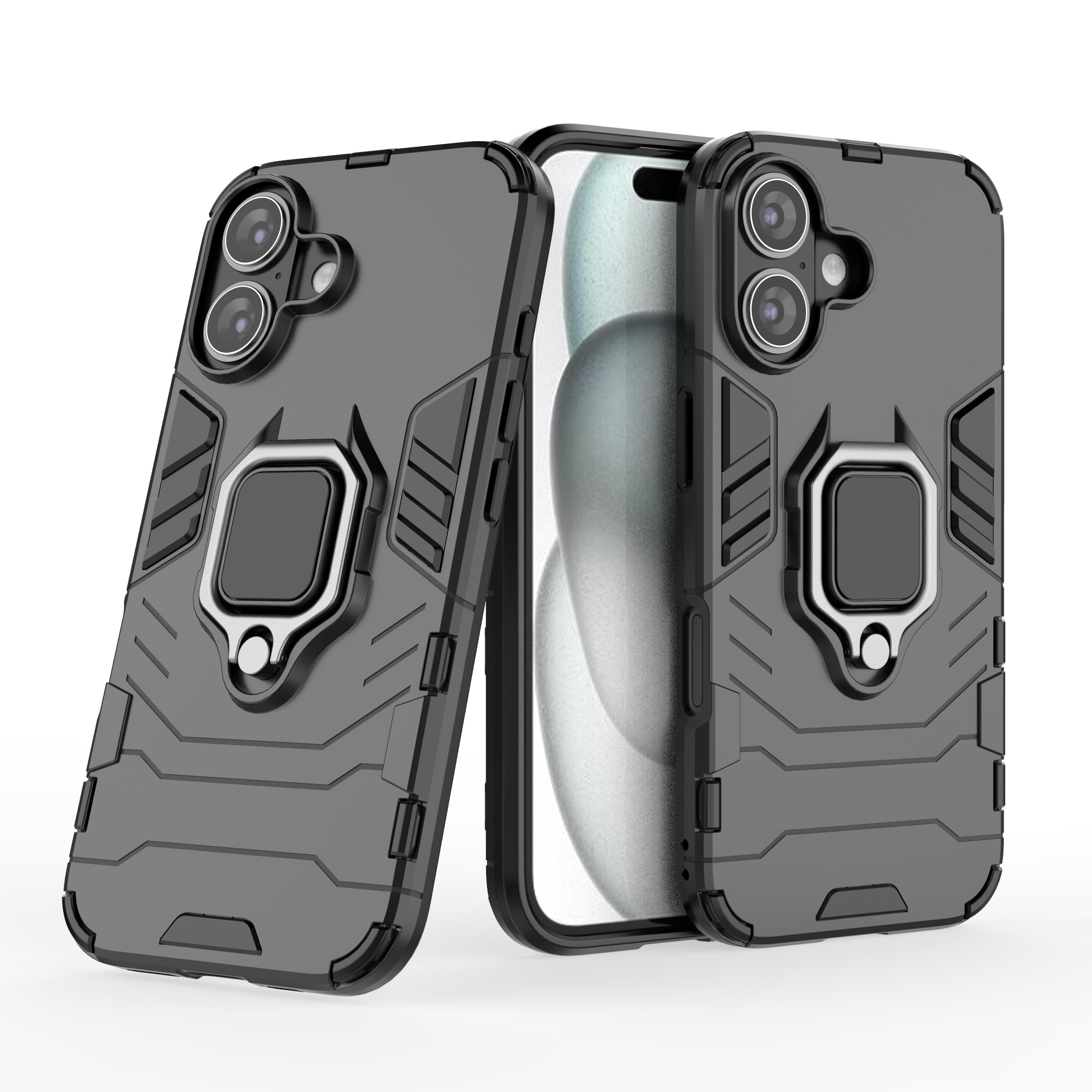 for iPhone 16 Case, Shockproof Hybrid Heavy Duty Armor Dual Layer Hard Back Case with [Magnetic Car Mount] Ring Holder Cover for iPhone 16 Black