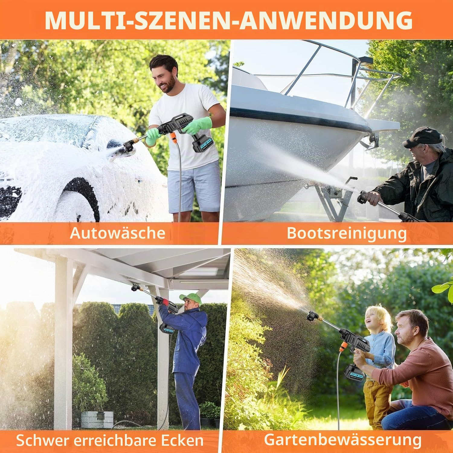 Akku Hochdruckreiniger 100Bar 270 L/H | Auto Tragbarer Pistole mit 2 x 3000mAh Akku | Waschpistole Mobiler 6 in 1 Verstellbare Düse 5M Schlauch für Terrasse Auto