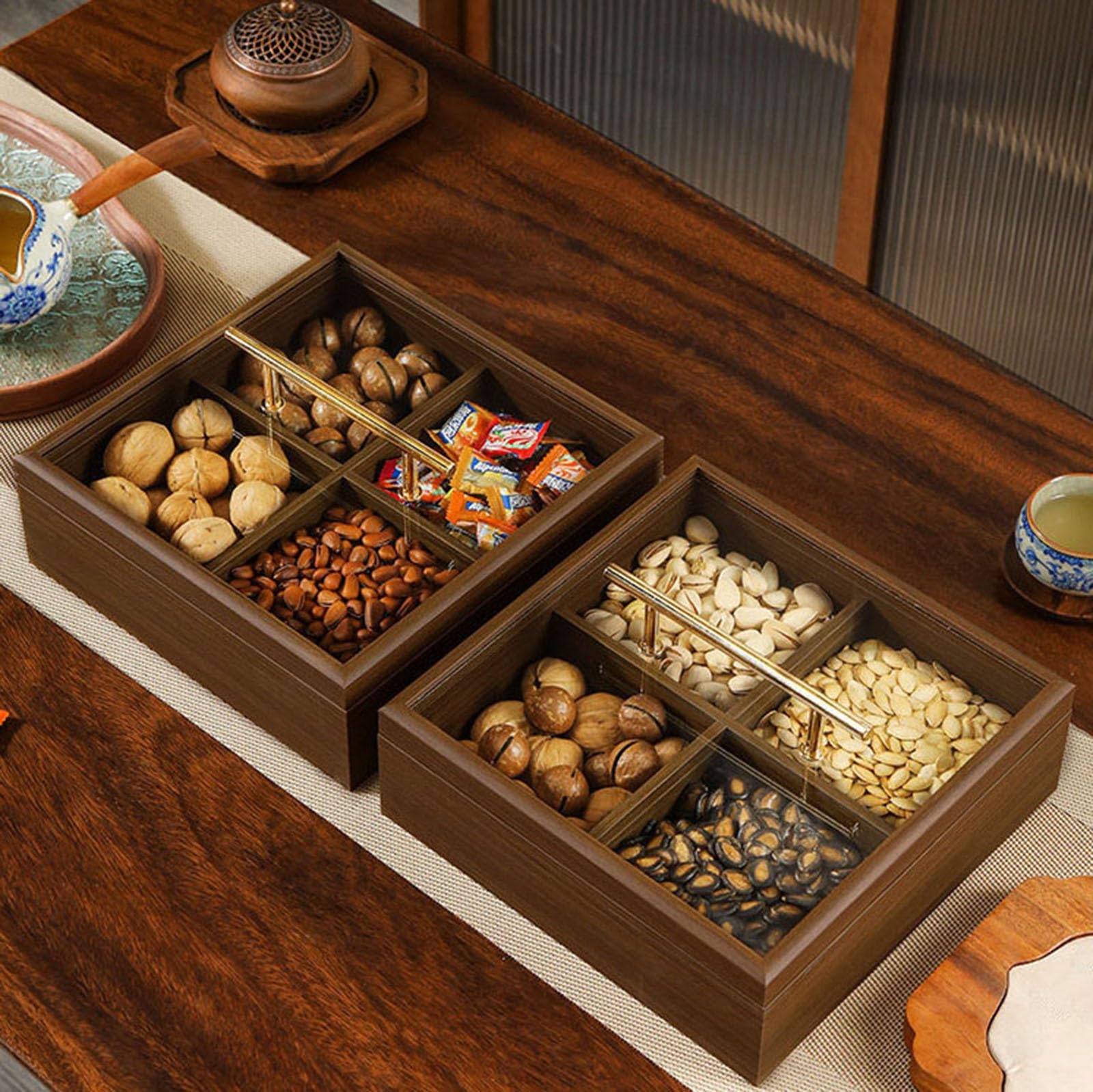 Plateau De Service En Bois Et Verre Avec Couvercle,Plateau De Rangement Séparé En Bois Massif Pour Fruits Secs Et Fruits Secs,Plat De Service Adapté À Maison Bureau Et Mariage