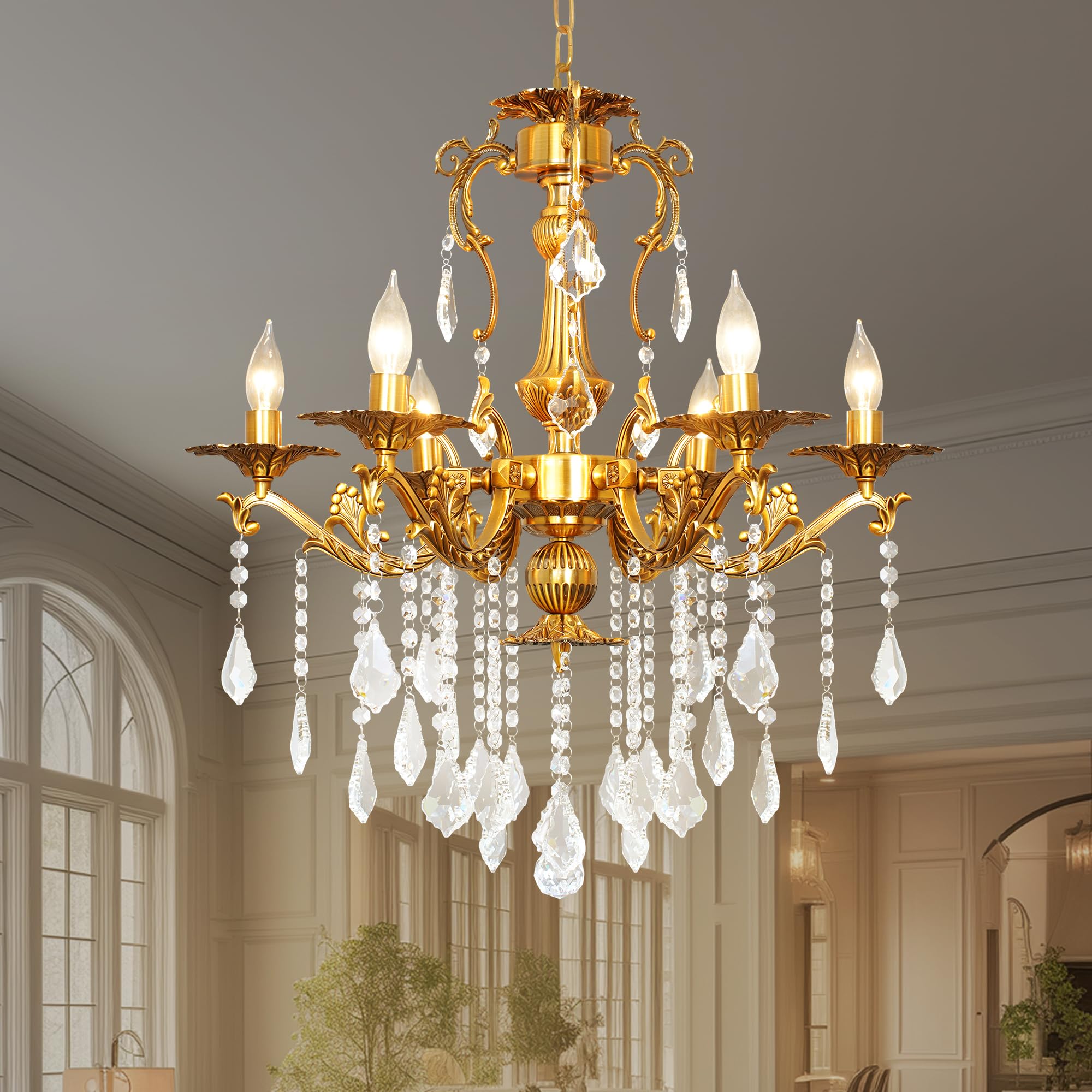 Luxury Copper Crystal Chandelier 24 Vintage K9 Crystal Pendant Light with 6 Lights Antique Brass Finish Ceiling Light