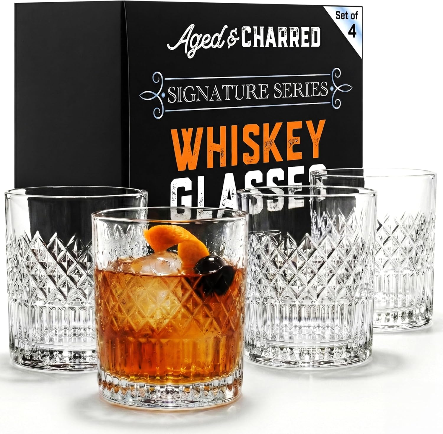 Aged & Charred Old Fashioned Whiskey Glasses (Set of 4) - 11 Oz Rocks Barware for Scotch Bourbon Liquor and Cocktail Drinks - Premium Whiskey Bourbon Gift Box for Men