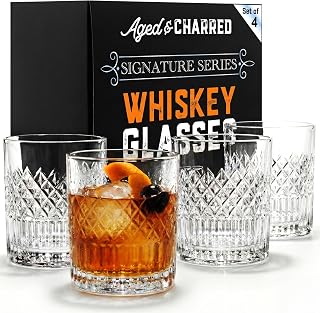 Aged & Charred Old Fashioned Whiskey Glasses Set of 4 - 11oz Lead-Free Crystal Rocks Glasses for Bourbon Scotch Cocktails - Premium Gift Box