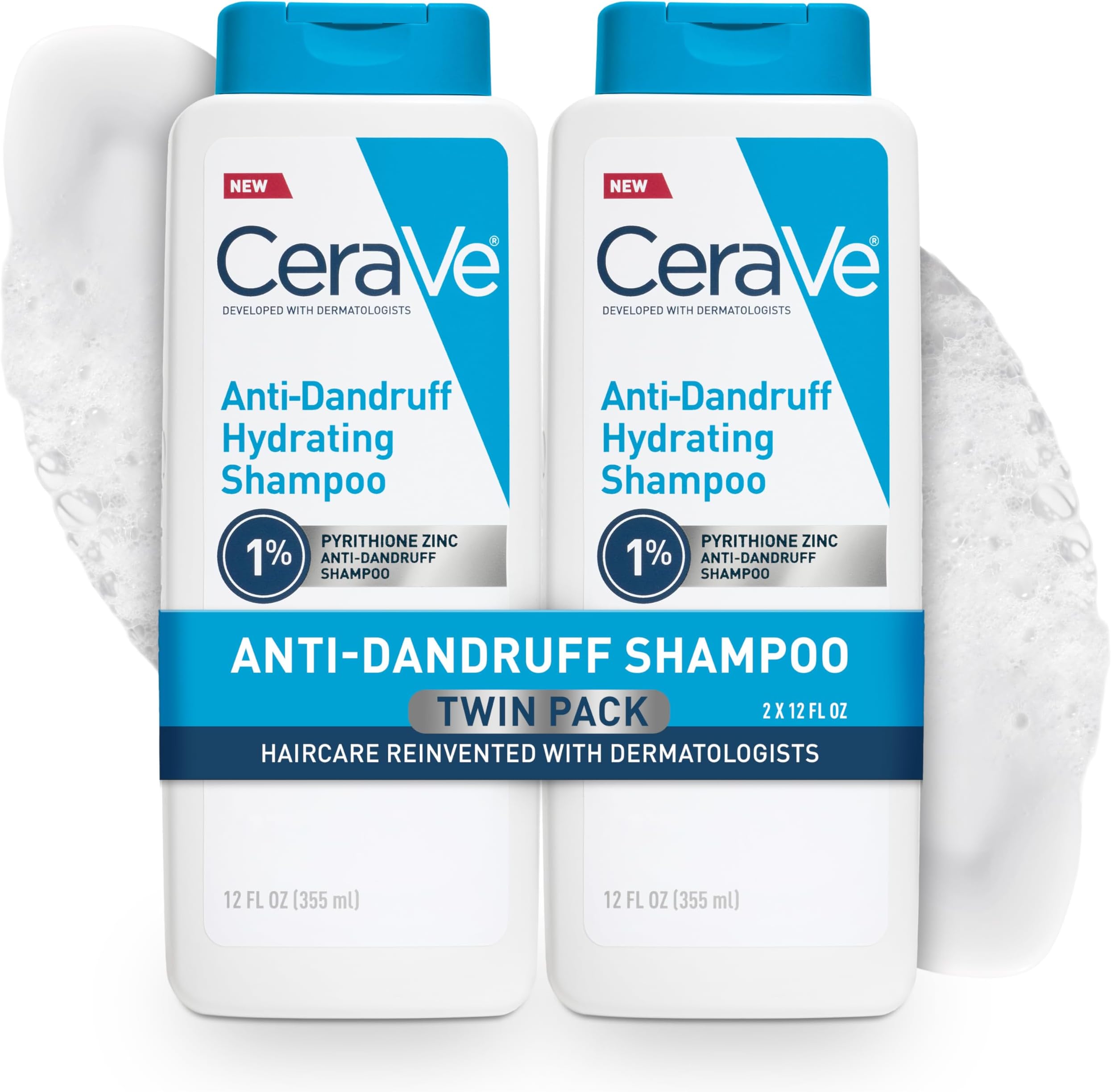 Hydrating Anti Dandruff Shampoo, 1% Pyrithione Zinc Dandruff Treatment With Ceramides, Niacinamide, Hyaluronic Acid, Eliminate Flake,Provides Itchy Scalp Relief, Sulfate-Free, 12 Oz (Pack of 2)