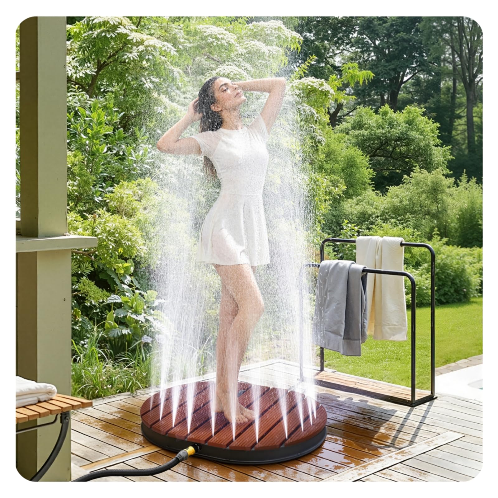 𝐎𝐥𝐥𝐞𝐰𝐢𝐞𝐥𝐥𝐚𝐧 Bodendusche Outdoor WPC, Gartendusche Außendusche mit Bodenplatte, Pooldusche mit 22 Messingdüsen,Wasserfontäne bis 4 m, Kalt-/Warmwasser Y-Verteiler,300 kg,Tragetasche