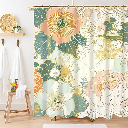 Cortina de ducha floral rosa, juego de cortina de ducha abstracta de peonía rosa y blanca para baño, impermeable, decoración estética de baño para