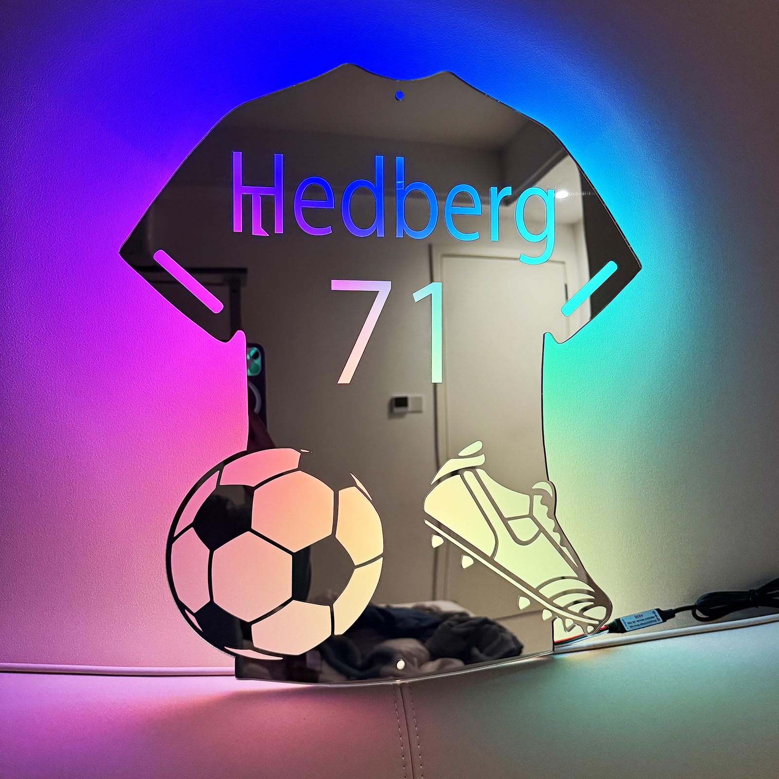 Keruidian Personalized Football Jersey Mirror Light Custom Name Uniform Number LED Mirror Night Light Room Decoration (30 * 35CM)