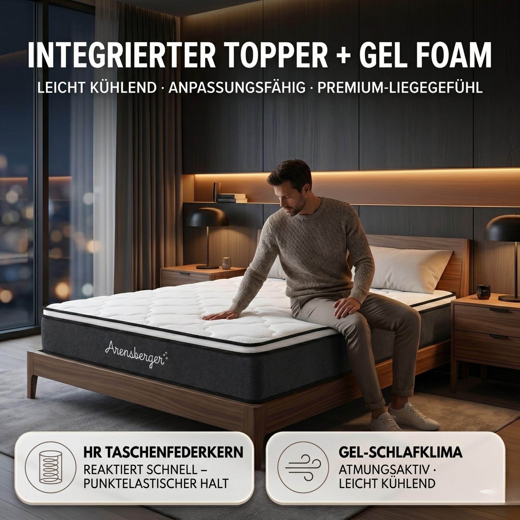 Arensberger Emilia Matratze 90x200 cm | Federkernmatratze mit Gel-Schaum und integriertem Topper | ergonomische Höhe 23cm | Härtegrad H3/H4 | HR Taschenfederkern 90x200cm Rollmatratze punktelastisch