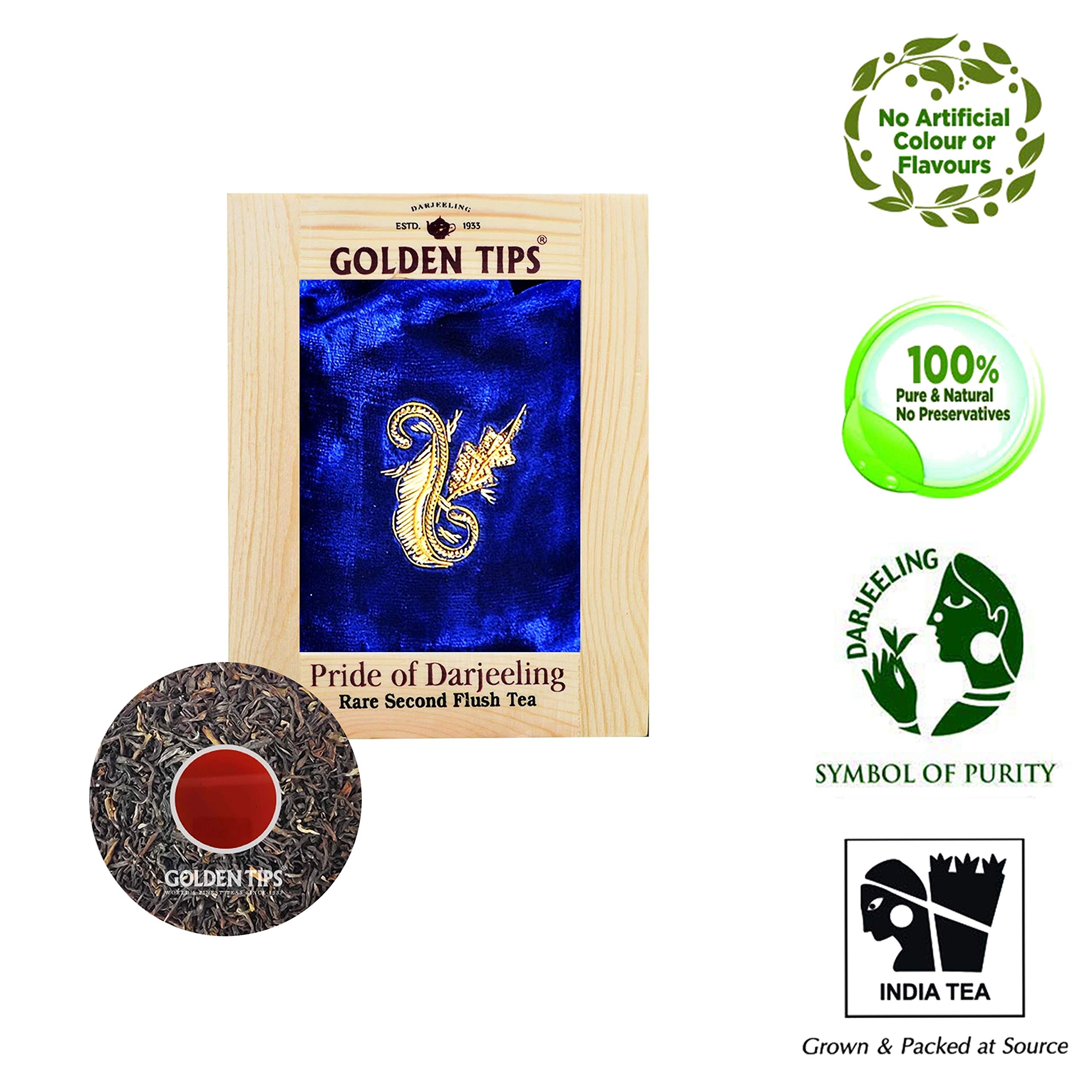 Golden Tips Rare Second Flush Darjeeling Tea Pinewood Box with Zardosi Work on Velvet Pouch ( 200 Gram- 100 Cups )