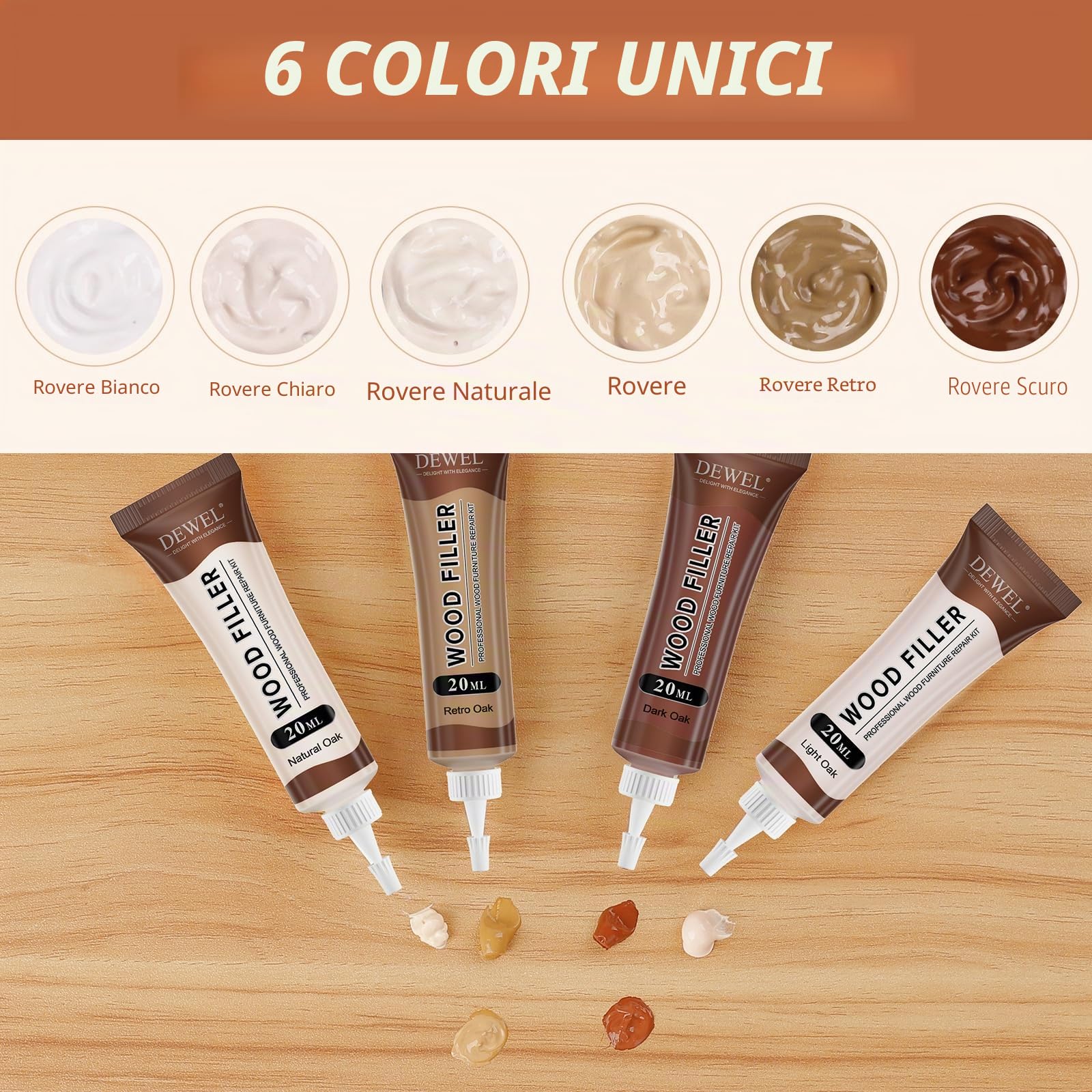 DEWEL Kit Riparazione Parquet, 6 Colori di Stucco Per Parquet, 100g di Stucco per Legno Bianco, Set di Riparazione in Laminato per Riparare Graffi e Fori nei Mobili in Legno (16 Pezzi)
