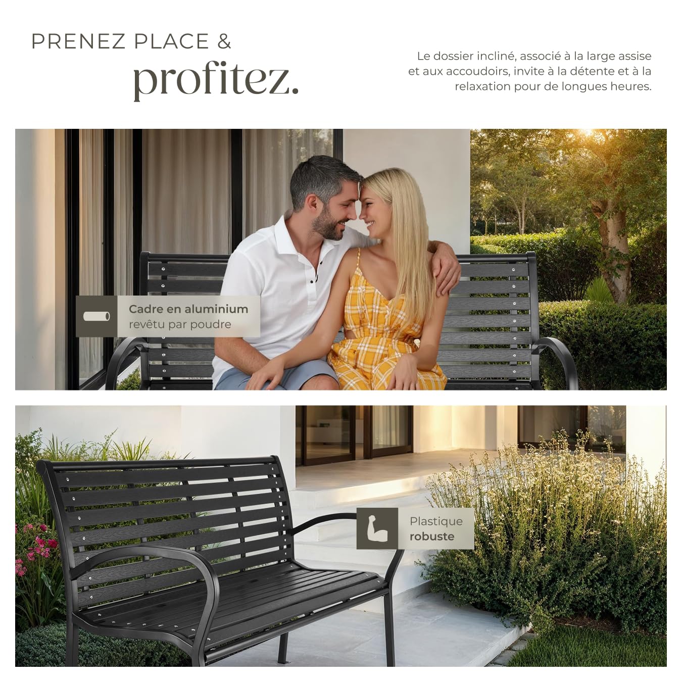 tectake® Banc de Jardin Solide en Bois Naturel laqué et Acier, Banquette de Jardin Banc Noir Résistant aux intempéries, Mobilier pour Amenagement Balcon Terrasse Veranda Pergola
