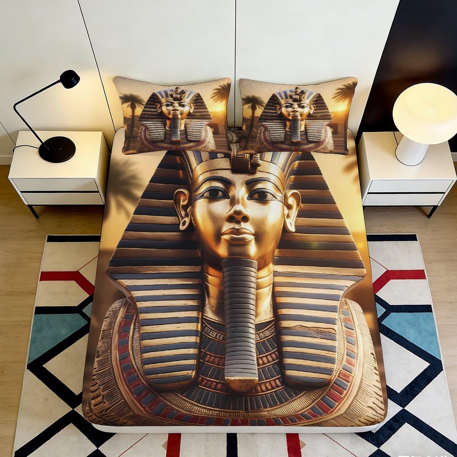 Uynsixtme Style-10 3D Printed Pharaoh Pattern Fitted Sheet Microfiber Deep Pocket Bedroom Bedding Set Pharaoh Mattress Fitted Cover Non-Slip 90X200x25cm