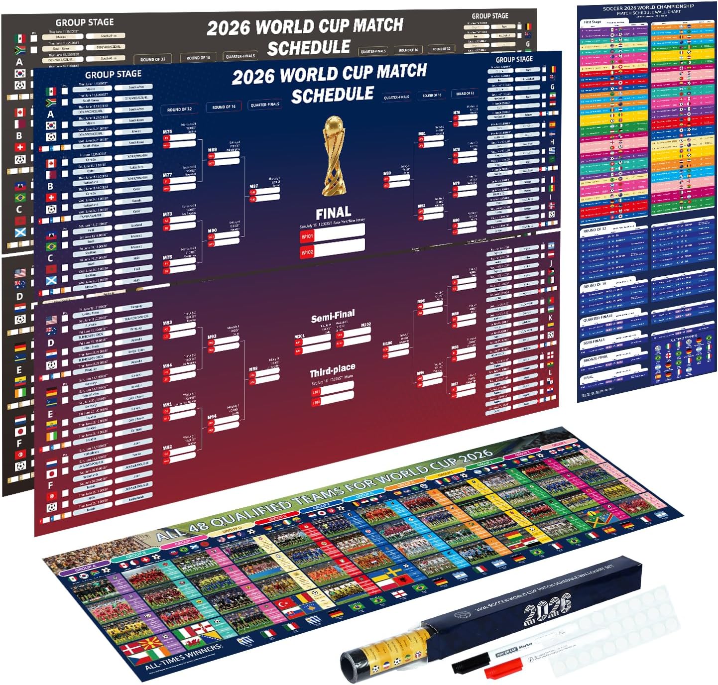Joyvera 3 Pack 2026 World Cup Extra Large Schedule Poster Set, 39.4“ × 25.6” Double-Sided World Cup Wall Chart (Crease-Free) with Soccer Tournament Schedule and Team for Home, Bars Party Decorations,Fans Gifts