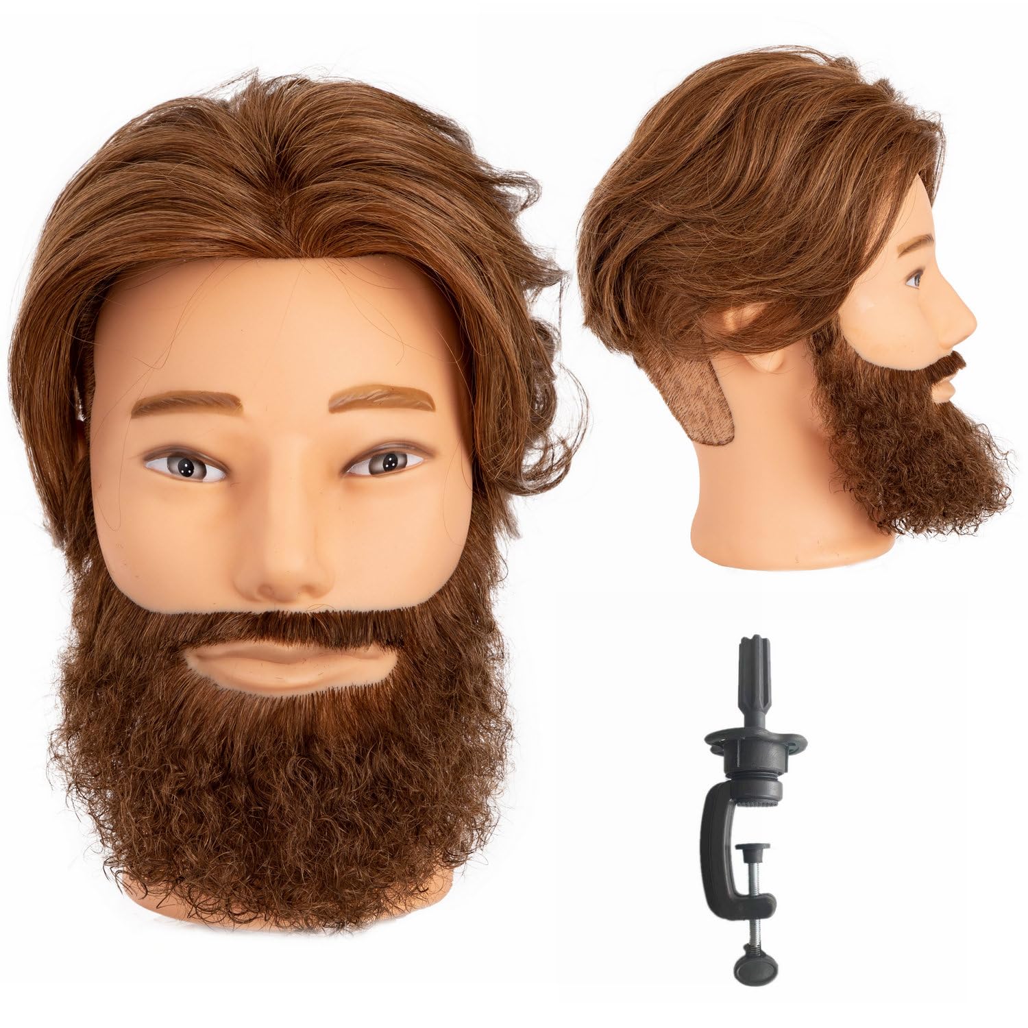 Male Mannequin Head With Hair Human Hair Manikin For Men Cosmetology 8inch Curly Beard Manikin Head With Human Hair with Stand Practice