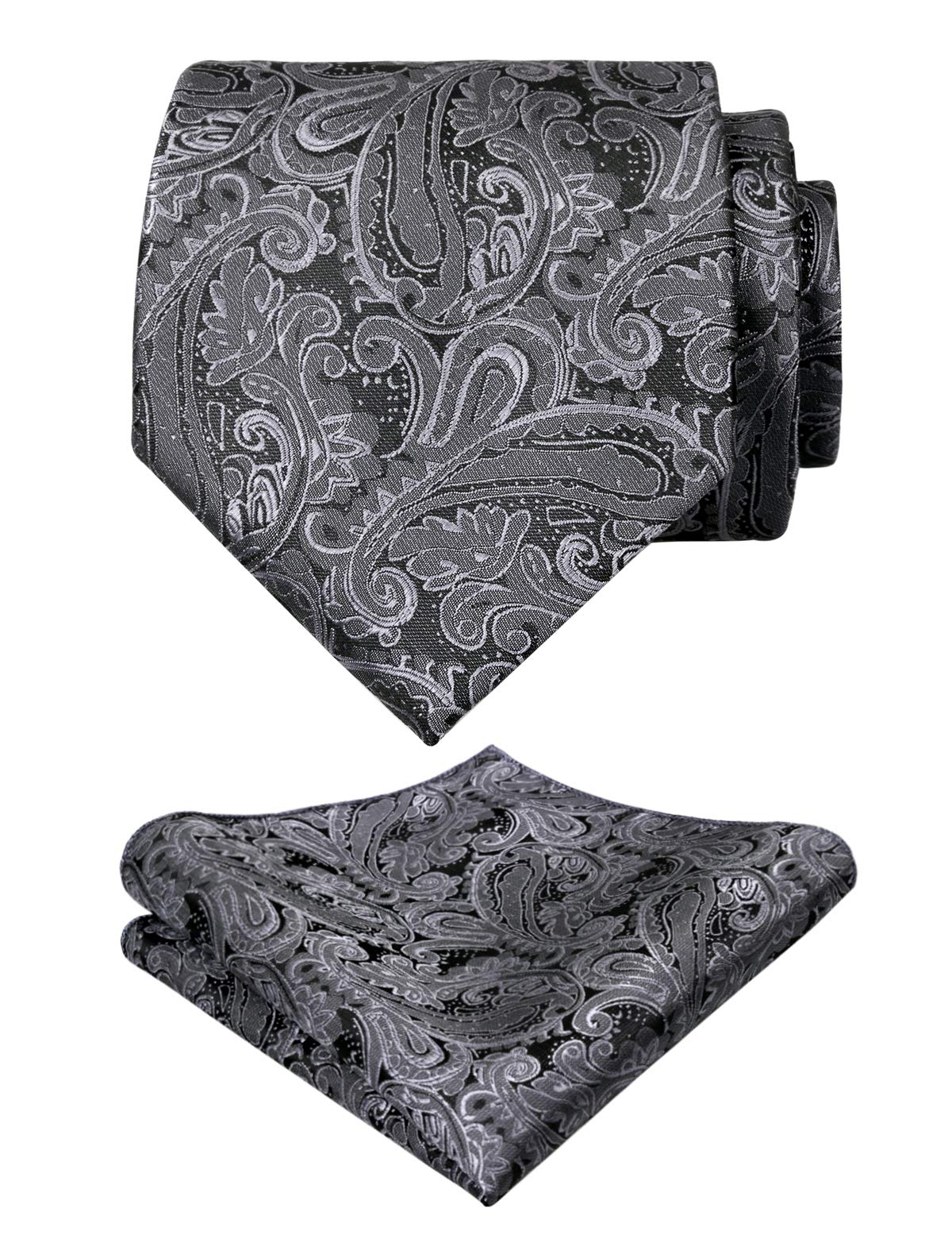 Men's Paisley Floral Tie Handkerchief Wedding Woven Necktie Set, Gray, 59 inch Length x 3.5 inch Width