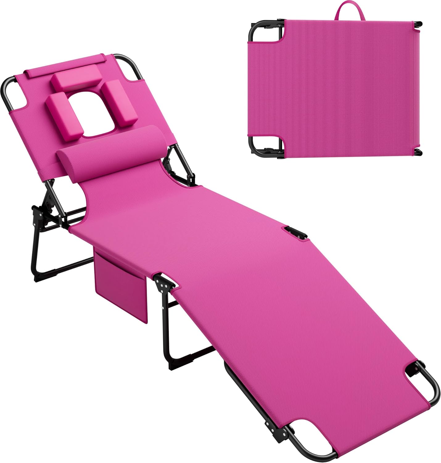 400lbs Tanning Chair, 5-Fold Beach Lounge Chair with Face Hole & 2 Side Pockets, Non-Slip Foot & Portable Handle, Beach Chaise Lounge for Patio/Pool/Lawn(1, Pink)