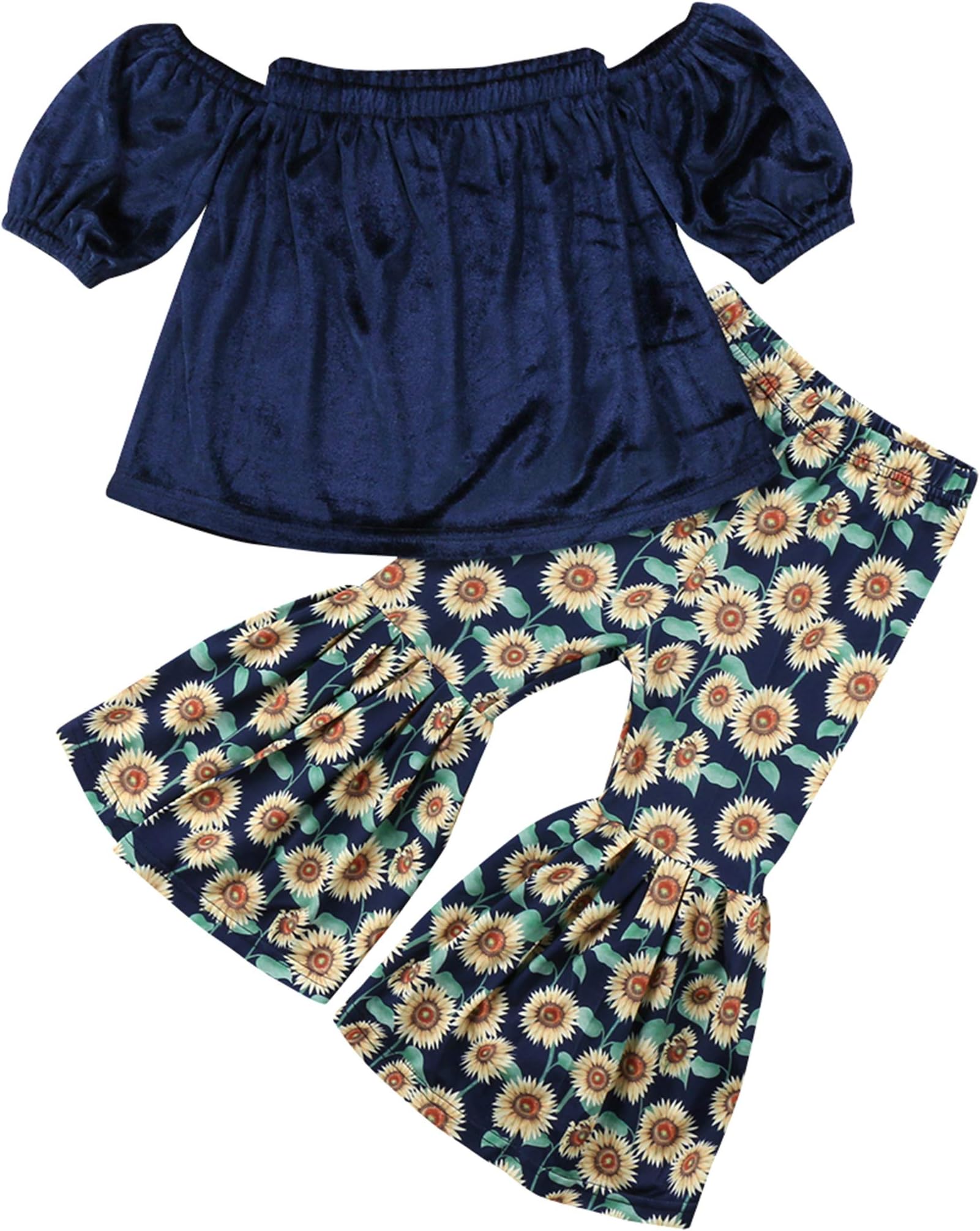 Toddler Baby Girls Off Shoulder Tube Top Sunflower Bell Bottoms Floral Ruffle Pant Set Kids Summer Outfits Boho (B-Blue, 2-3T)