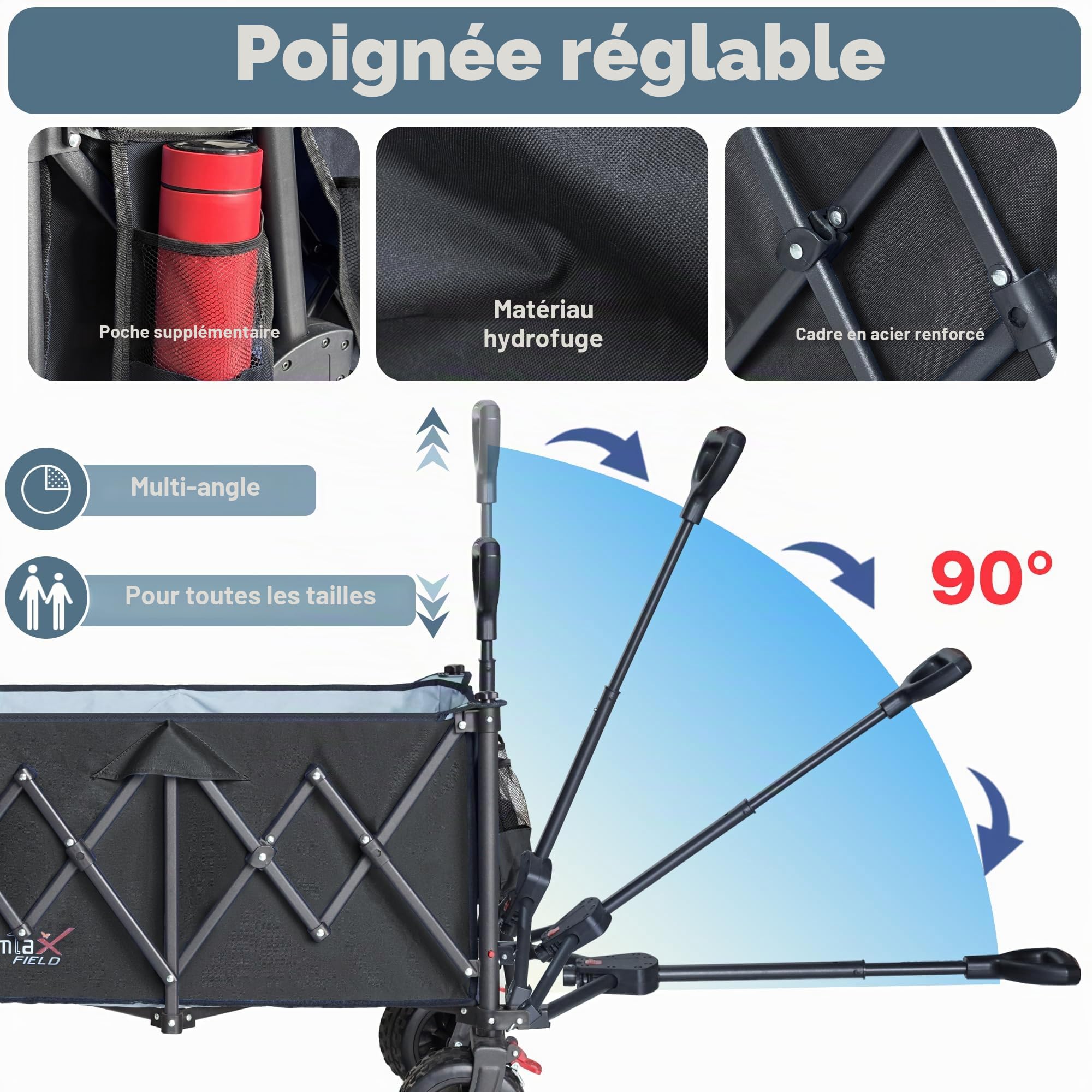 COMLAX FIELD Chariot Pliable 200L 200KG, Chariot Pliable avec Roues Larges, Chariot de Plage Pliable avec Freins, Charrette Noire