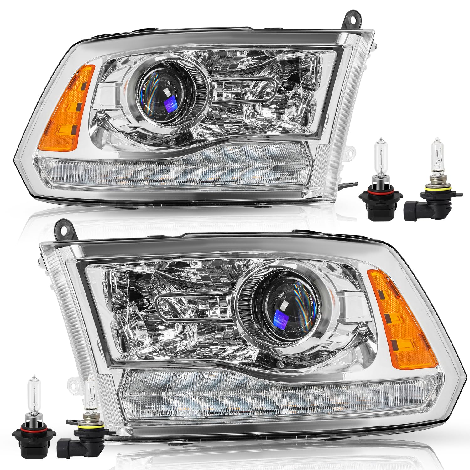 Factory Projector Headlights Assembly Fit for 2013-2018 Dodge Ram 1500 2500 3500, OE Style Replacement Halogen Headlamp with LED DRL and Bulbs Chrome Housing Amber Reflector