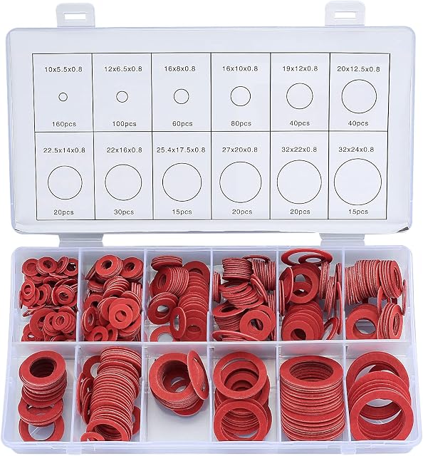 600 Pcs Fibre Washer Assorted Kit, Red Steel Paper Insulation Washer Assorted Set, 12 Sizes, with a Storage Box