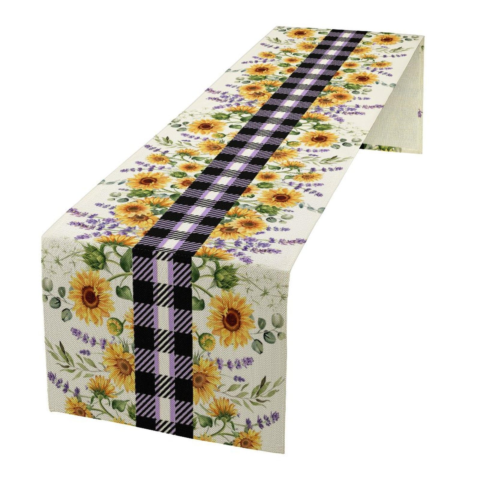 Spring Summer Floral Table Runner Vintage Watercolor Sunflowers Lavender Garden Flowers Wildflower Botanical Plant Seasonal Dinner Runner for Farmhouse Kitchen Dining Holiday Party 13x36in