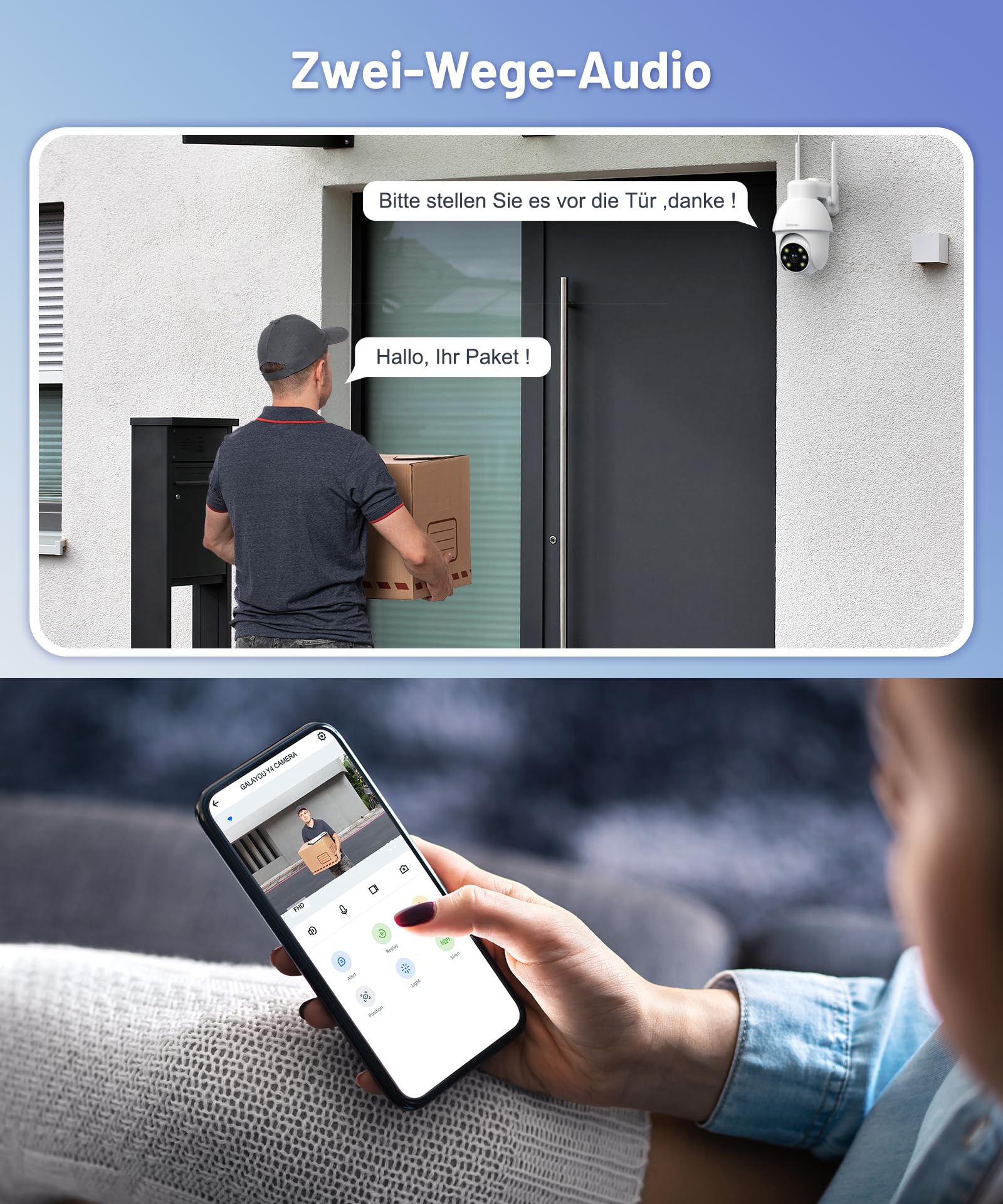 GALAYOU Zewnętrzna kamera nadzorująca WiFi PTZ, zewnętrzna wodoodporna kamera nadzorująca 360°, kolorowy noktowizor, inteligentne śledzenie, natychmiastowy alarm, Alexa Y4 2p