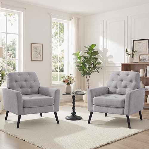 Miniatura 14 de Silla decorativa para sala de estar, silla de lectura moderna de mediados de siglo, sillón tapizado con respaldo copetudo y patas de madera, sofá PU