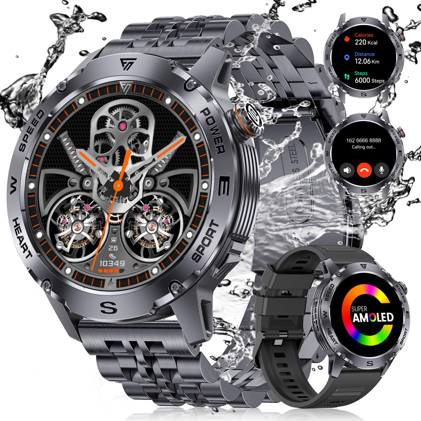 ESFOE Reloj Inteligente Hombre(2 Correas),1.43'' AMOLED Smartwatch Militar 100+ Modos Deportivos,Pulsómetro/Monitor de Sueño/Podómetro Llamadas Bluetooth 5ATM Impermeable Smart Watch Redondo