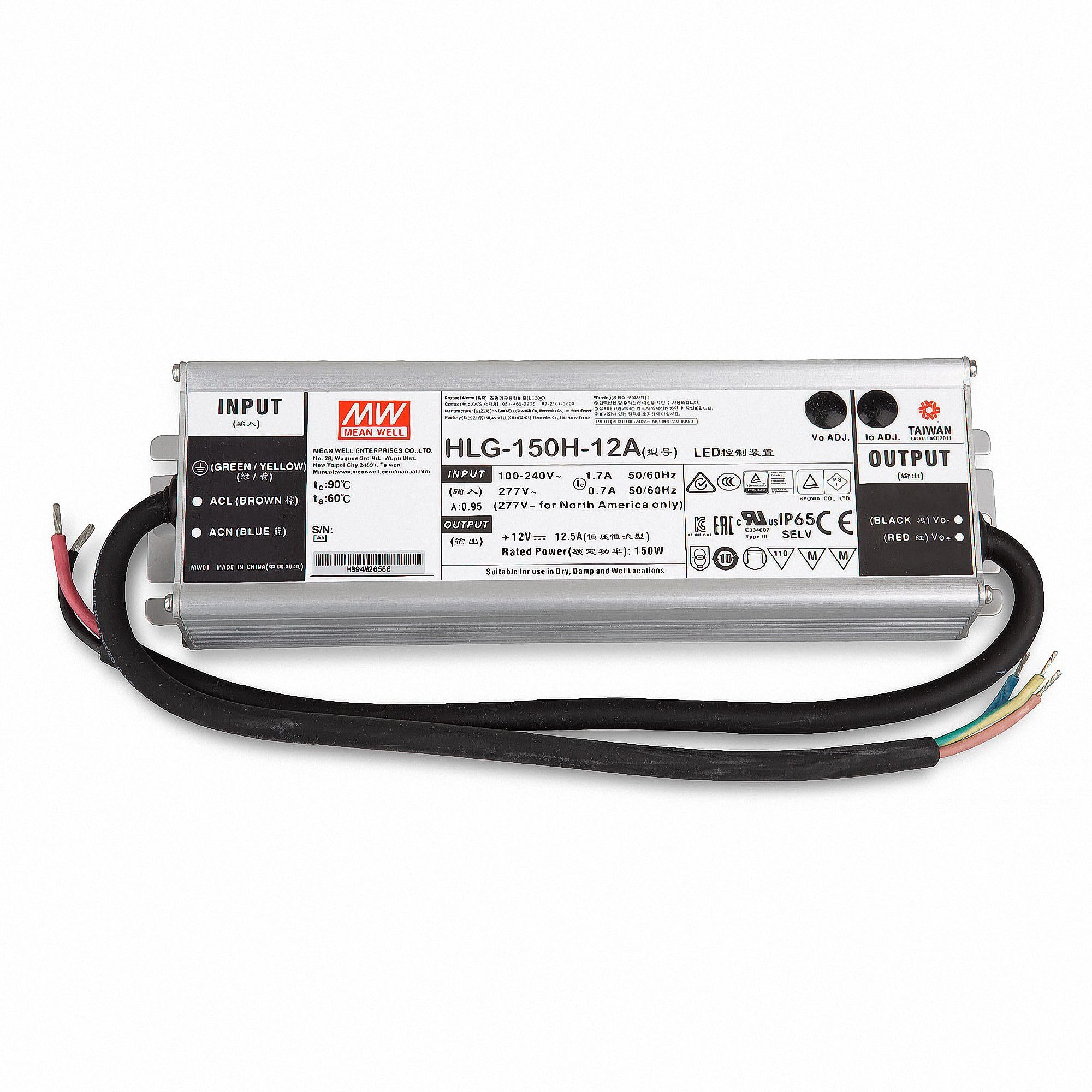 Mean Well HLG-150H-12A - Transformador de alimentación LED SNT 12 V/CC 0-12,5 A/150 W, IP65, transformador para iluminación