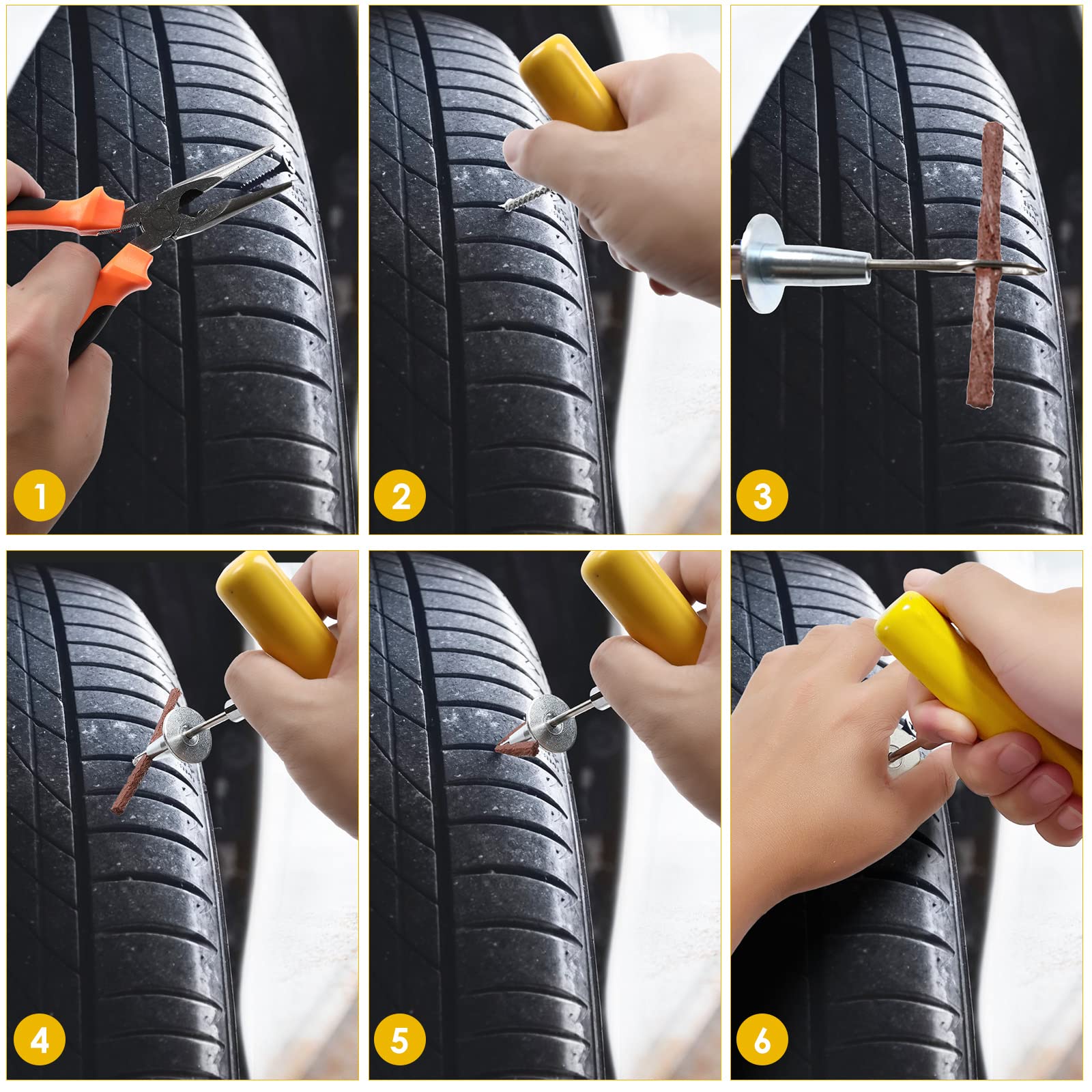 Kit Riparazione Pneumatici 100 Pezzi con Manometro Pressione, Guanti e Riparazione Rapida Chiodo per Auto Biciclette Motocicli