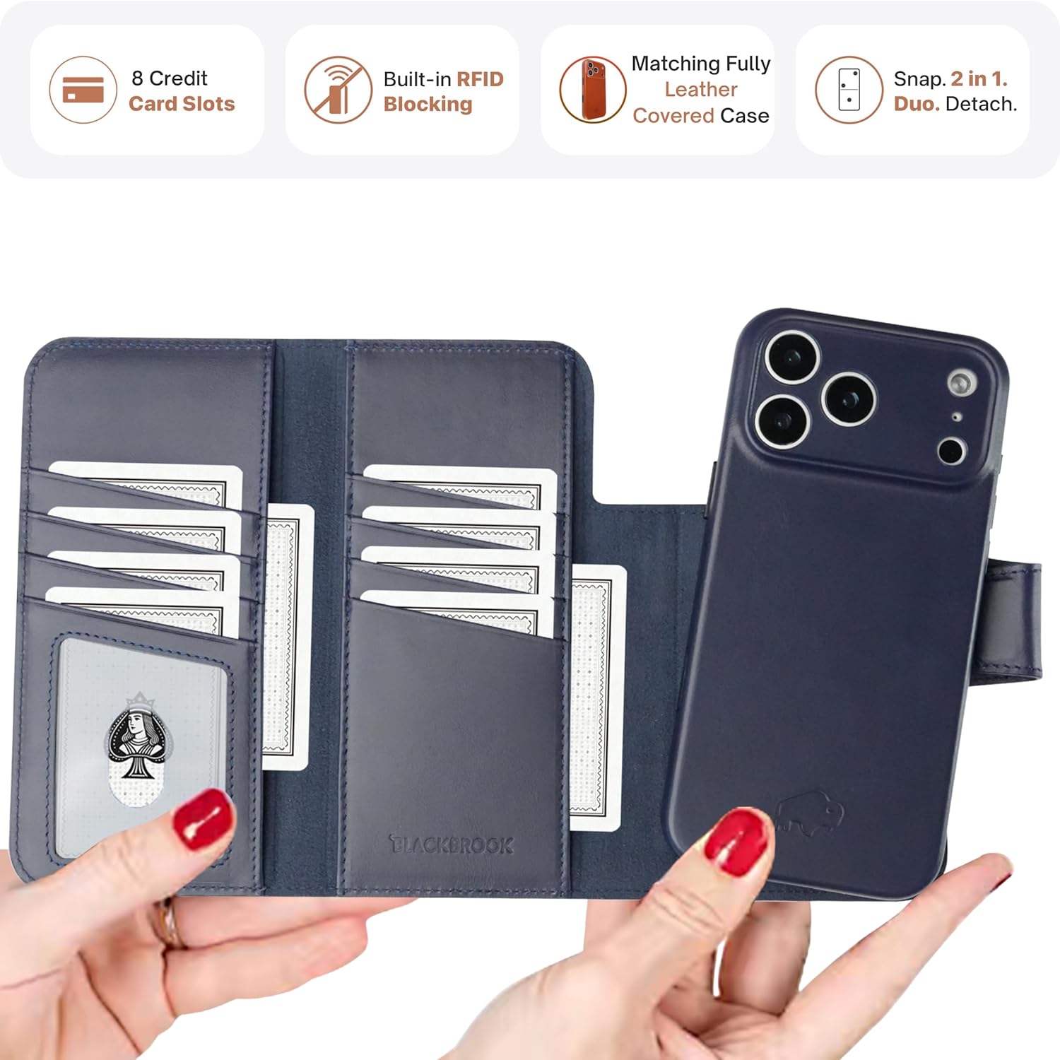 BLACKBROOK Trifold Wallet Case for iPhone 17 Pro Max – Tudor Full Grain Leather Detachable Card Holder, Designed for MagSafe, RFID Blocking – 8 Card Slots & 2 Cash Pockets, Premium Gift Box