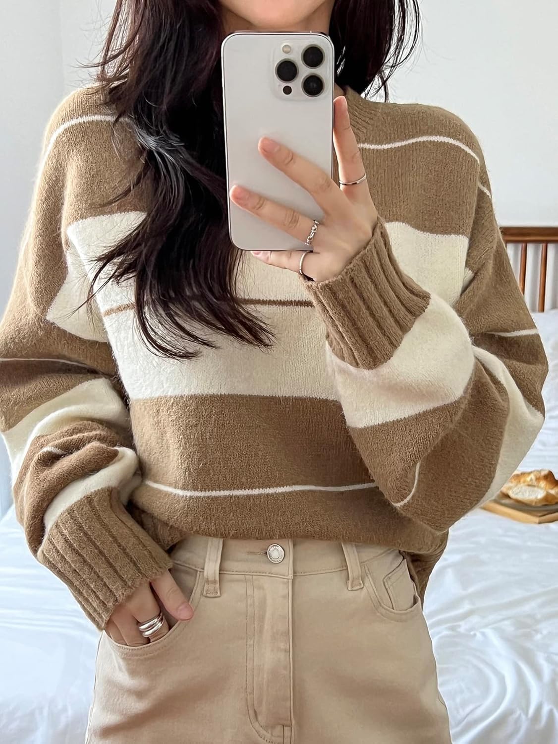 Women's Sweater Striped Pattern Two Tone Drop Shoulder Sweater Sweater for Women (Color : Khaki, Size : Medium)