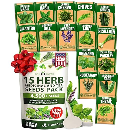 HOME GROWN 15 Herb Seeds for Planting 4,500+ Non-GMO Heirloom Seeds | Extra Large Variety Pack Herb Kit – Indoor Outdoor & Hydroponic | Culinary Seed Set | Grow Your Own Herbs | Gardening Gift