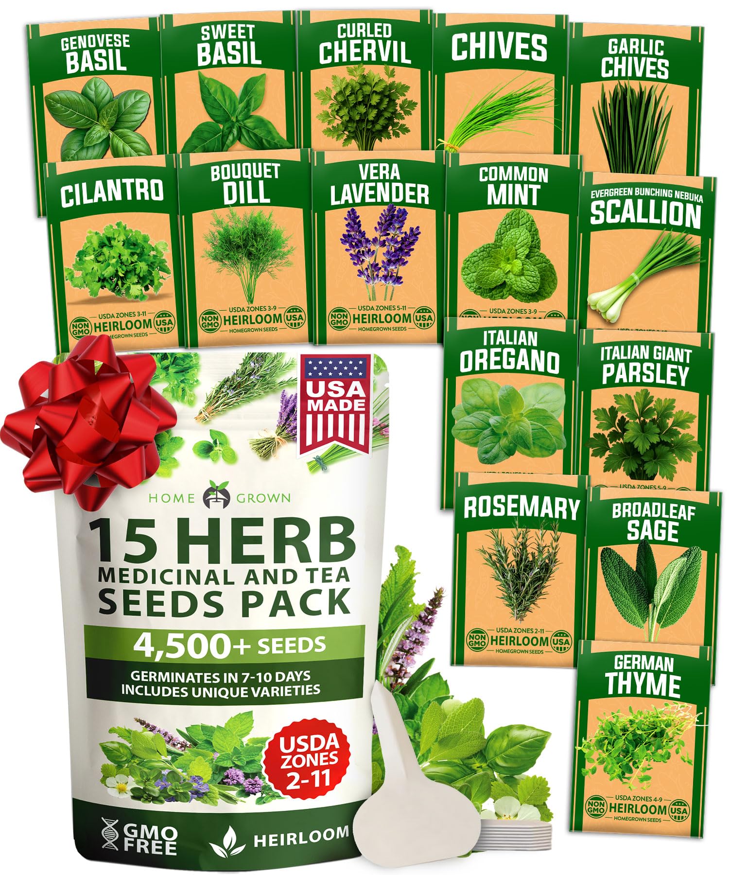 HOME GROWN 15 Herb Seeds for Planting 4,500+ Non-GMO Heirloom Seeds | Extra Large Variety Pack Herb Kit – Indoor Outdoor & Hydroponic | Culinary Seed Set | Grow Your Own Herbs | Gardening Gift