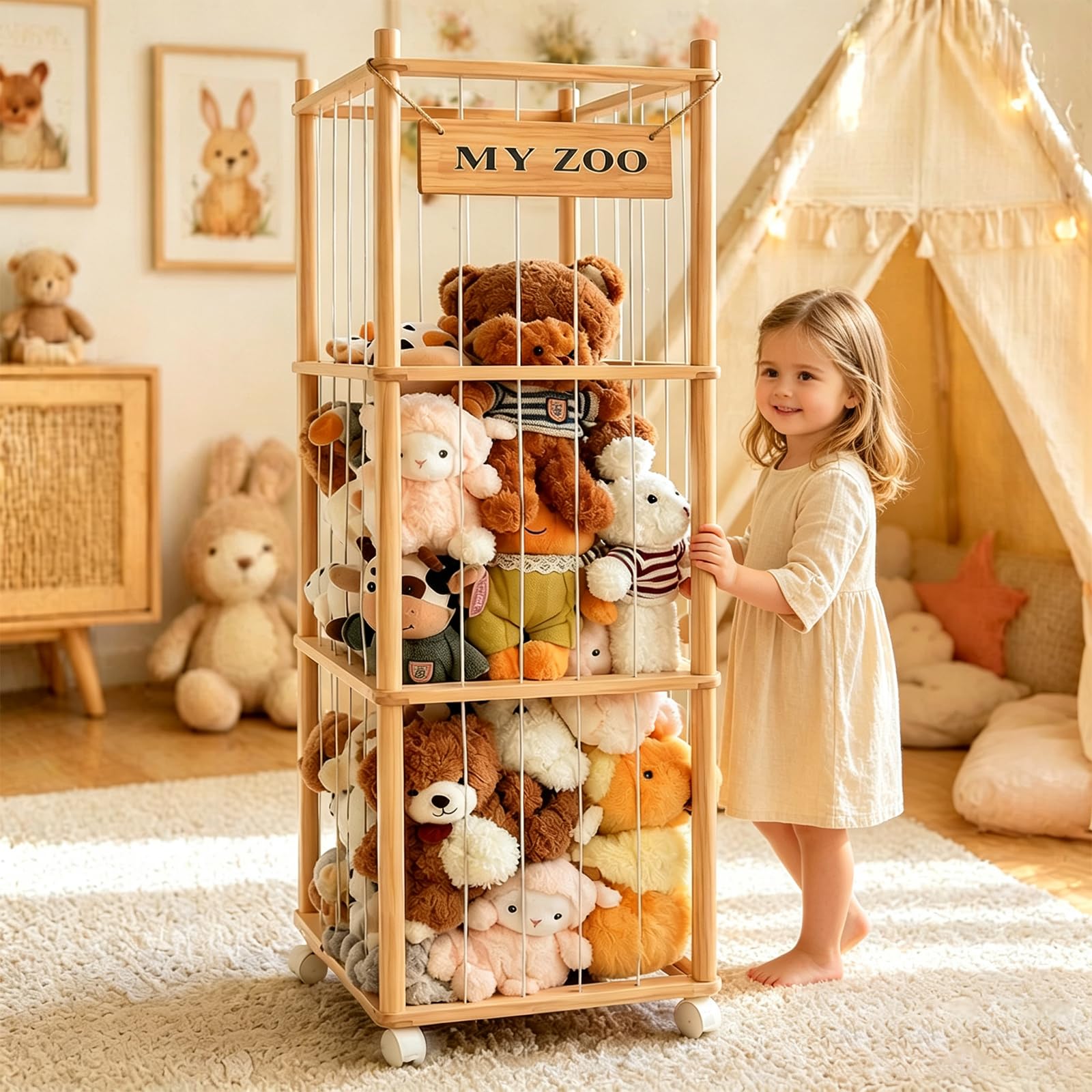 Holz Kuscheltier Aufbewahrung Mit 360°Bremse Ausgestattete Räder, 135 * 40 * 40cm Stofftier Aufbewahrung für Kuscheltiere, Stofftiere, Plüschtier, Plüschtier für Kinderzimmer, Spielzimmer, Wohnzimmer