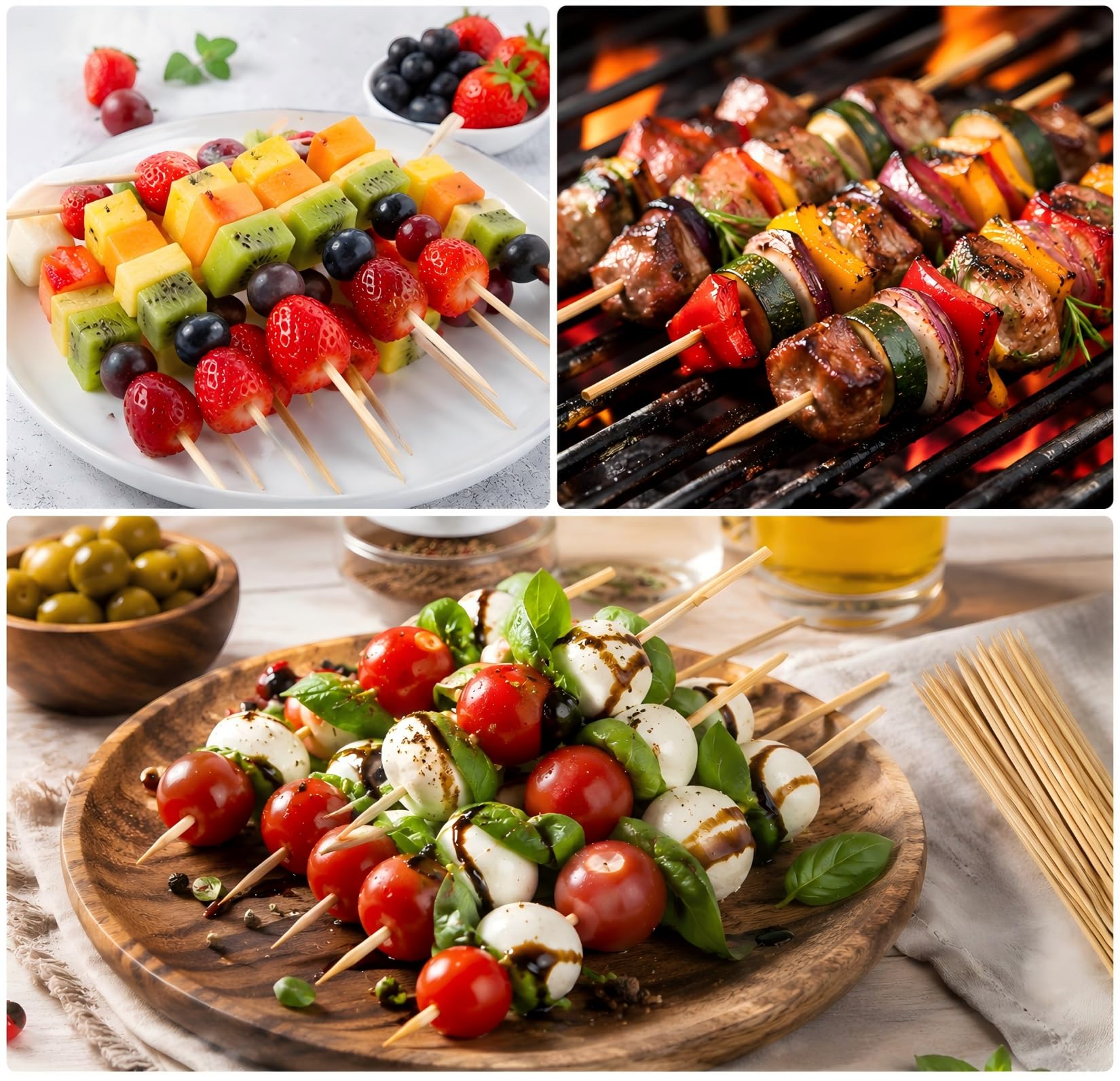 Lot de 100 Pics à Brochettes en Bois 3.5mm x 15cm pour Barbecue, Grillades, Fruits et Légumes