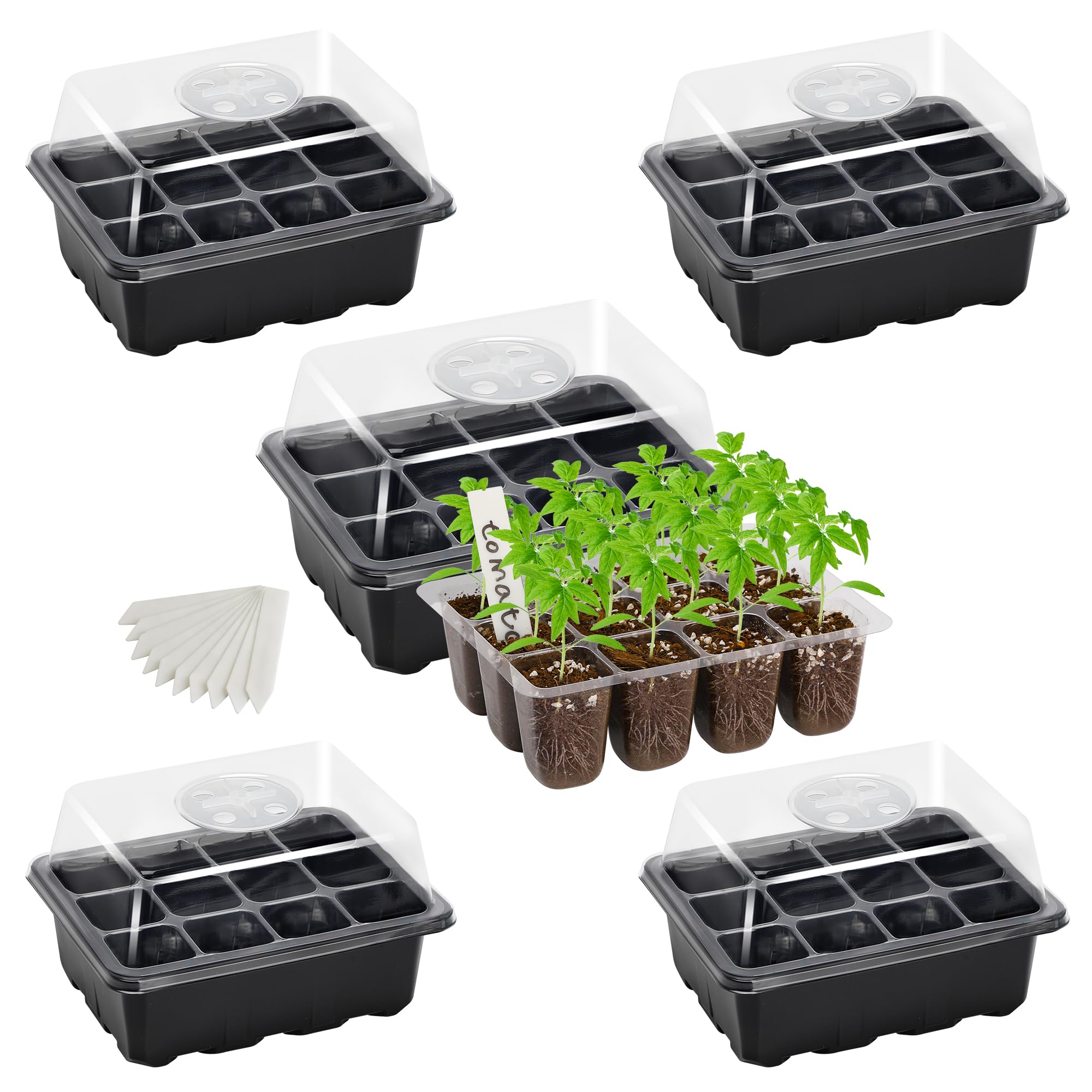 Bonviee 5-Pack Seed Trays Seedling Starter Tray,Humidity Adjustable Plant Starter Kit with Dome and Base Greenhouse Grow Trays Mini Propagator for Seeds Growing Starting (12 Cells per Tray)
