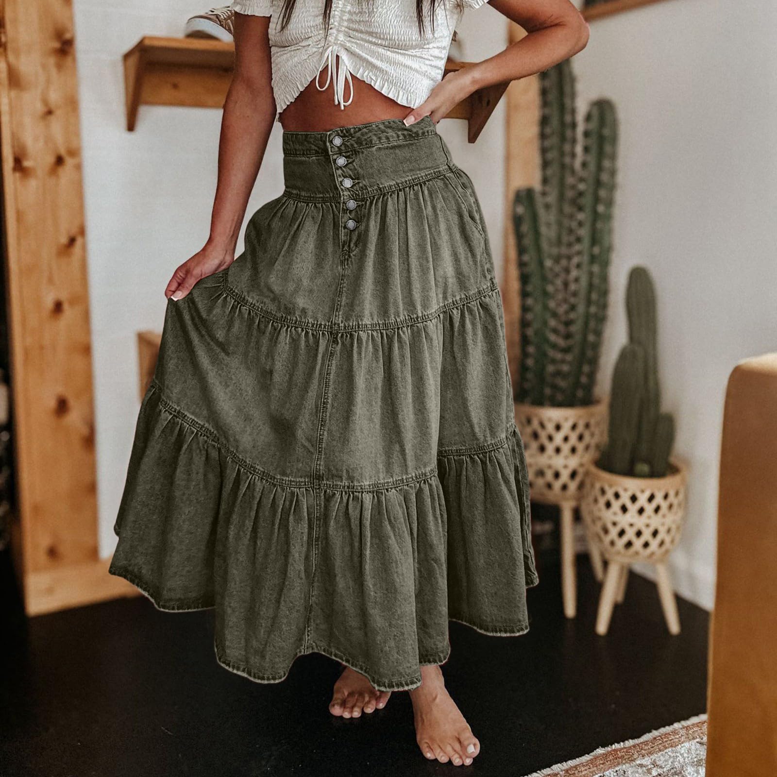 Jupe Longue Femme Taille avec Boutons Chic Sexy Style Décontracté Élégante pour Toutes Saisons