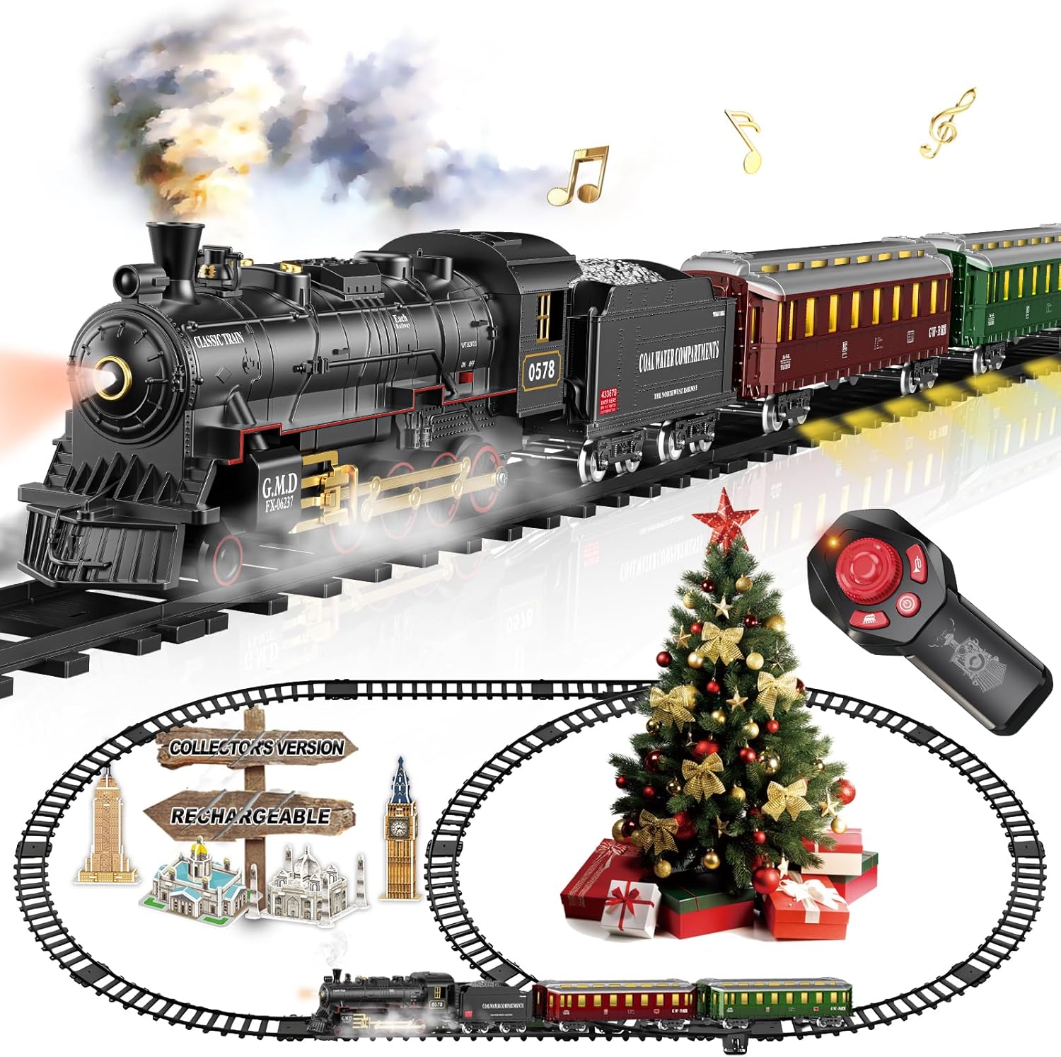 Electric Train Sets Remote Control for Kids Christmas Train Toys Steam Locomotive w/3 Smokes, Glowing Passenger Carriages, Luxury Tracks, Light & Sounds Rechargeable Birthday Gifts for Boys Girls