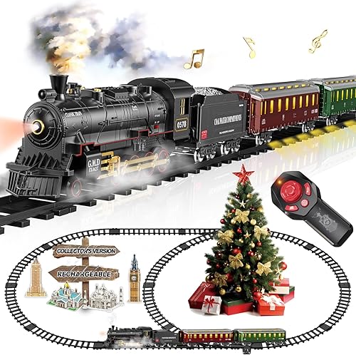 Juegos de tren eléctrico con control remoto para niños, juguetes de tren de Navidad, locomotora de vapor con 3 humos, vagones de pasajeros