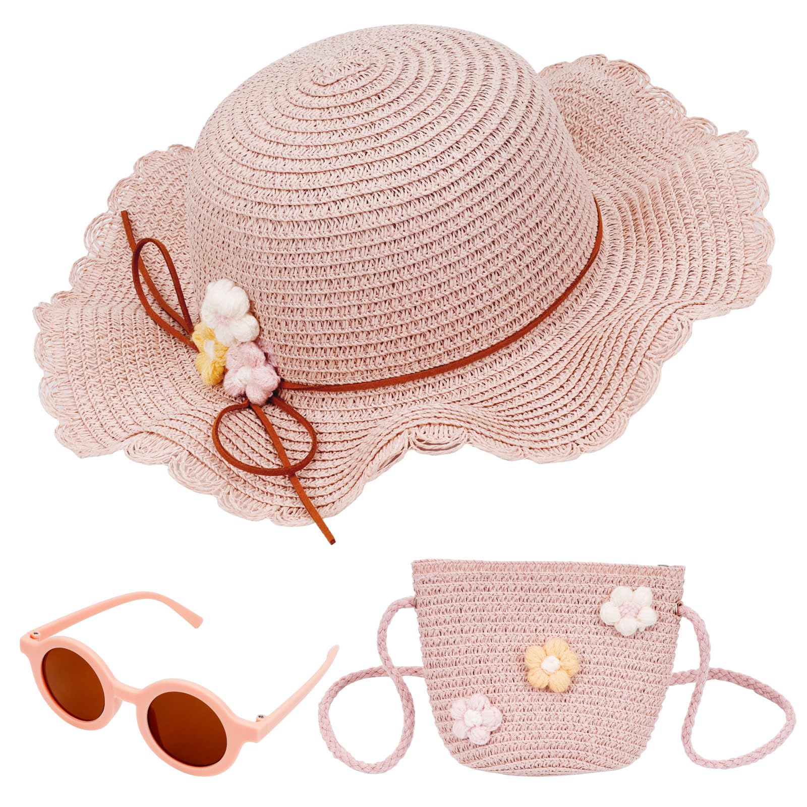 Dadabig 3 Piezas Sombreros de Paja para Niños, con Bolso Trenzado y Gafas de Sol, Sombrero y Bolso Niñas, Sombrero de Paja Niña, Gorra de Sol Chica, Sombrero de Visera Flores, Sombrero de Sol de Playa