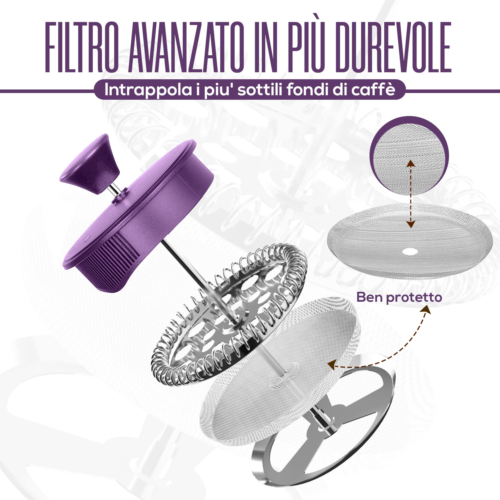 KICHLY French Press Macchina Caffe', Macchina per Espresso e te' con tripli filtri, vetro resistente al calore con stantuffo in acciaio (1000 ml, Prugna)