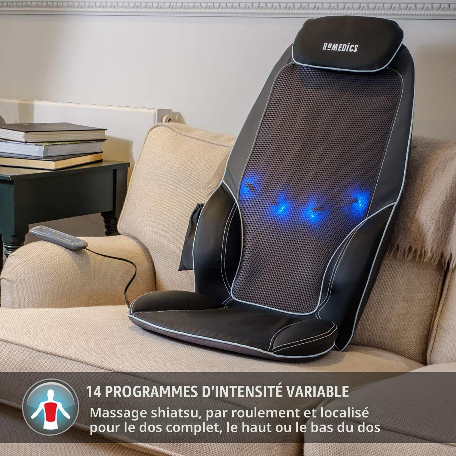 HoMedics Chaise de massage shiatsu pour le dos, les épaules, les cervicales et le haut des cuisses - Fauteuil de massage réglable, Massage naturel et par vibrations, Chaleur apaisante – Gris