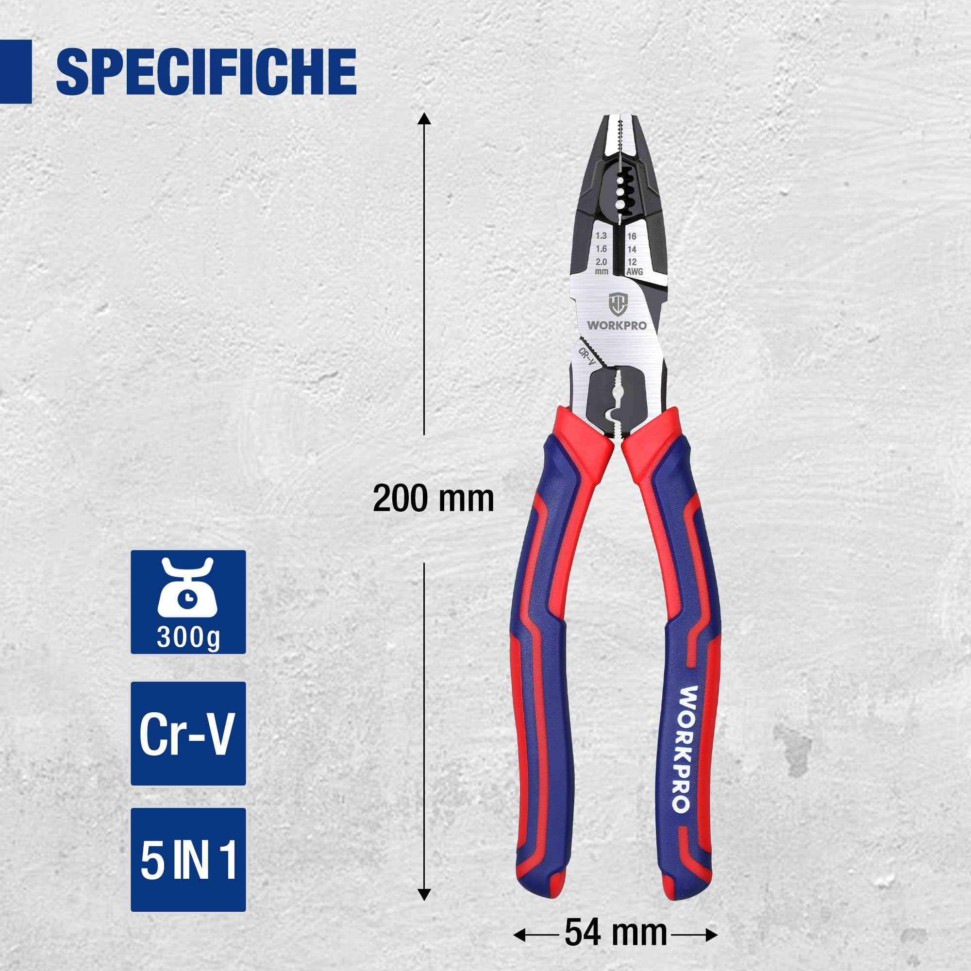 WORKPRO Pinza Combinata 5 in 1 209mm 16-12 AWG (1,3-2,0mm) Cr-V per Elettricisti