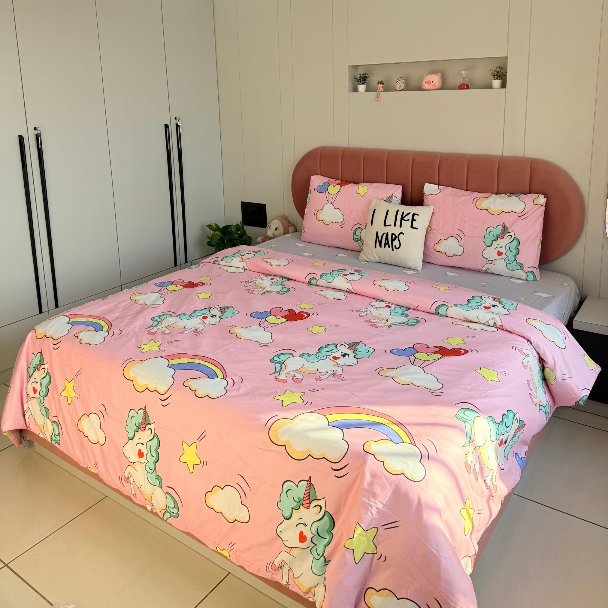 Famyo® King-Size Bedding Set (4pc) – 250 TC Fitted Bedsheet 72x78 in, 2 Pillow Covers, Comforter Cover (Unicorn & Rainbow, Pink & Grey) 3