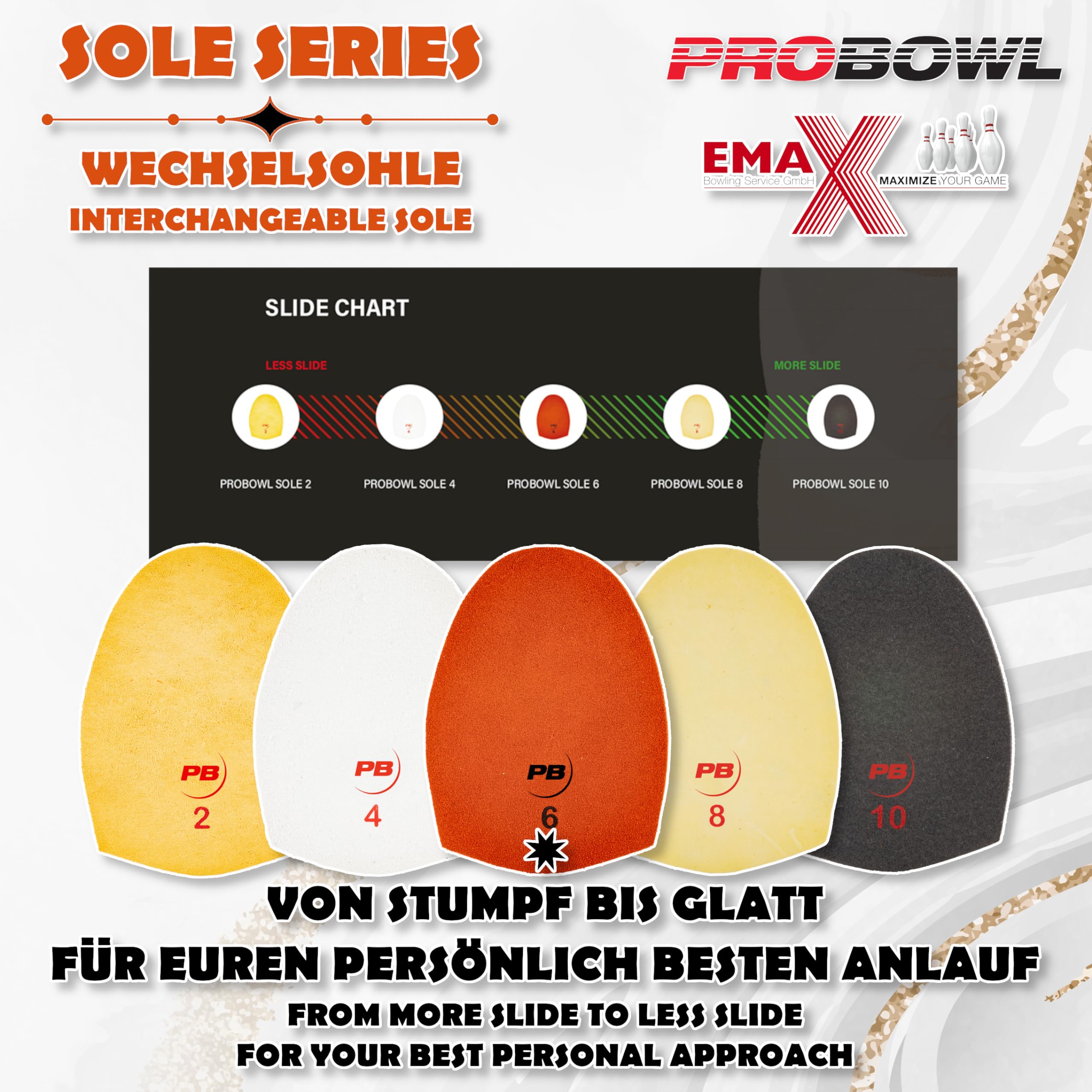 EMAX | Pro Bowl – Wechselsohle | Austauschbare Sohle für Bowlingschuhe | Für Glatte und Stumpfe Anläufe | Klett