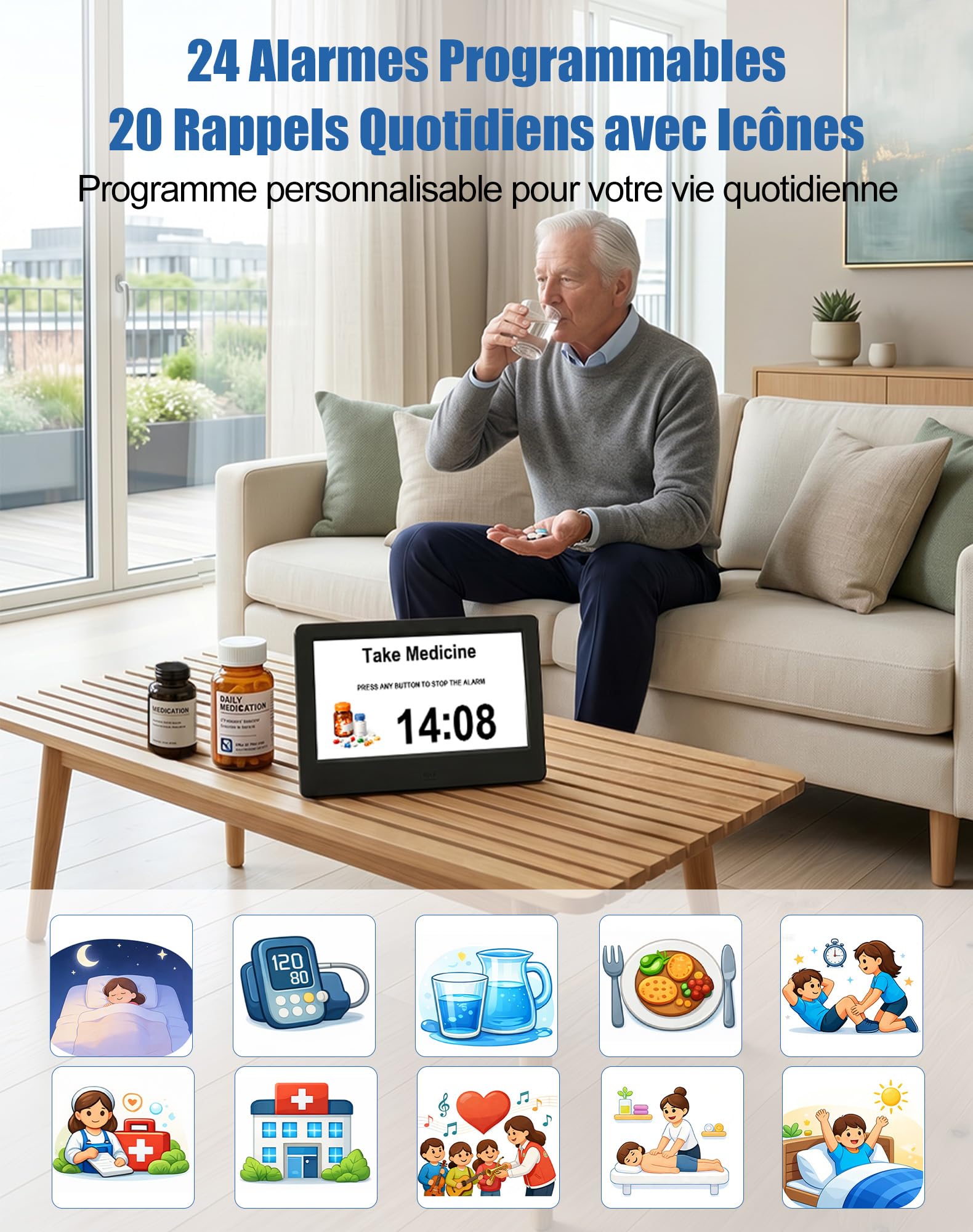 jely 7" Horloge Numérique avec Télécommande, Calendrier Électronique avec Date Jour Heure, 24 Alarmes pour Seniors, 5 Niveaux de Luminosité, Cadeau Personnes Âgées